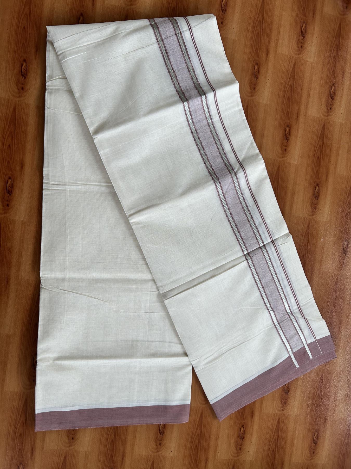 Double Off White (Unbleached) Mundu/Dhoti - 20% Discount! Kaitharikada Pure Cotton - 60s - 1.5 inch Silver Kasav & Dusty Rose Shaded Striped Kara 4 mtr (8.5 muzham) - 36 KK5460 PMC