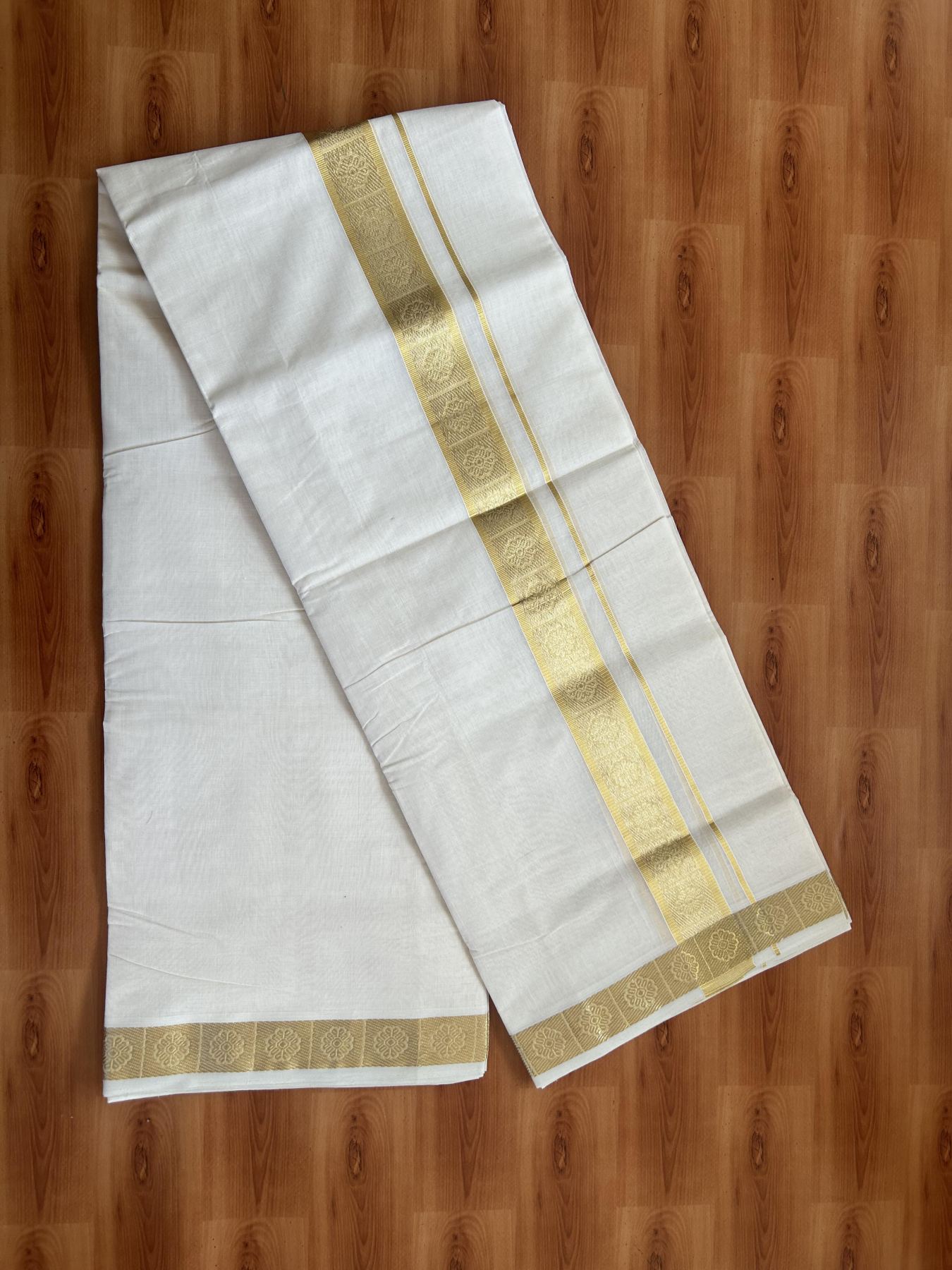 25% Discount ! KaithariKada Handloom Unakkupaav Kerala Handloom - 100% Pure Cotton Off White (Unbleached) Double Mundu/Dhoti - 100x80 - 1.75 Inch Gold kasav Jacquard Design Kara 4 mtr (8.5 muzham) - 18 KK5384 ABH