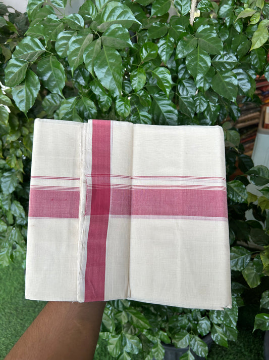 25% Discount KaithariKada Handloom Unakkupaav - Kerala Handloom - 100% Pure Cotton off white (Unbleached) Double Mundu/Dhoti - (80s) - 1.5 inch Dark Rose Striped Kara 4 mtr (8.5 muzham) - 4 KK5368 ELA