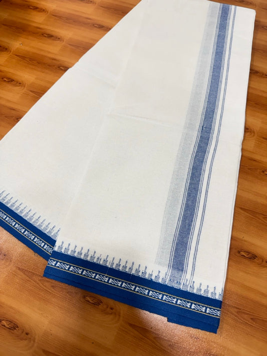Kathar Type Single Mundu White 20S Pure Cotton Kaitharikada Special - Kaily / Lungi -  1.5 inch Blue Striped kara Kuppadam Border (2 meter / 4 muzham) - 5 KK5482 KUT