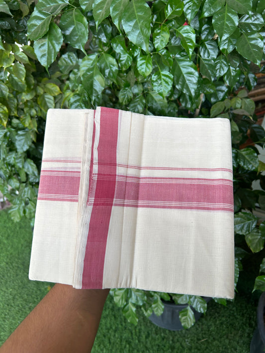 25% Discount KaithariKada Handloom Unakkupaav - Kerala Handloom - 100% Pure Cotton off white (Unbleached) Double Mundu/Dhoti - (80s) - 1.75 inch Dark Rose Striped Kara 4 mtr (8.5 muzham) - 3 KK5368 ELA