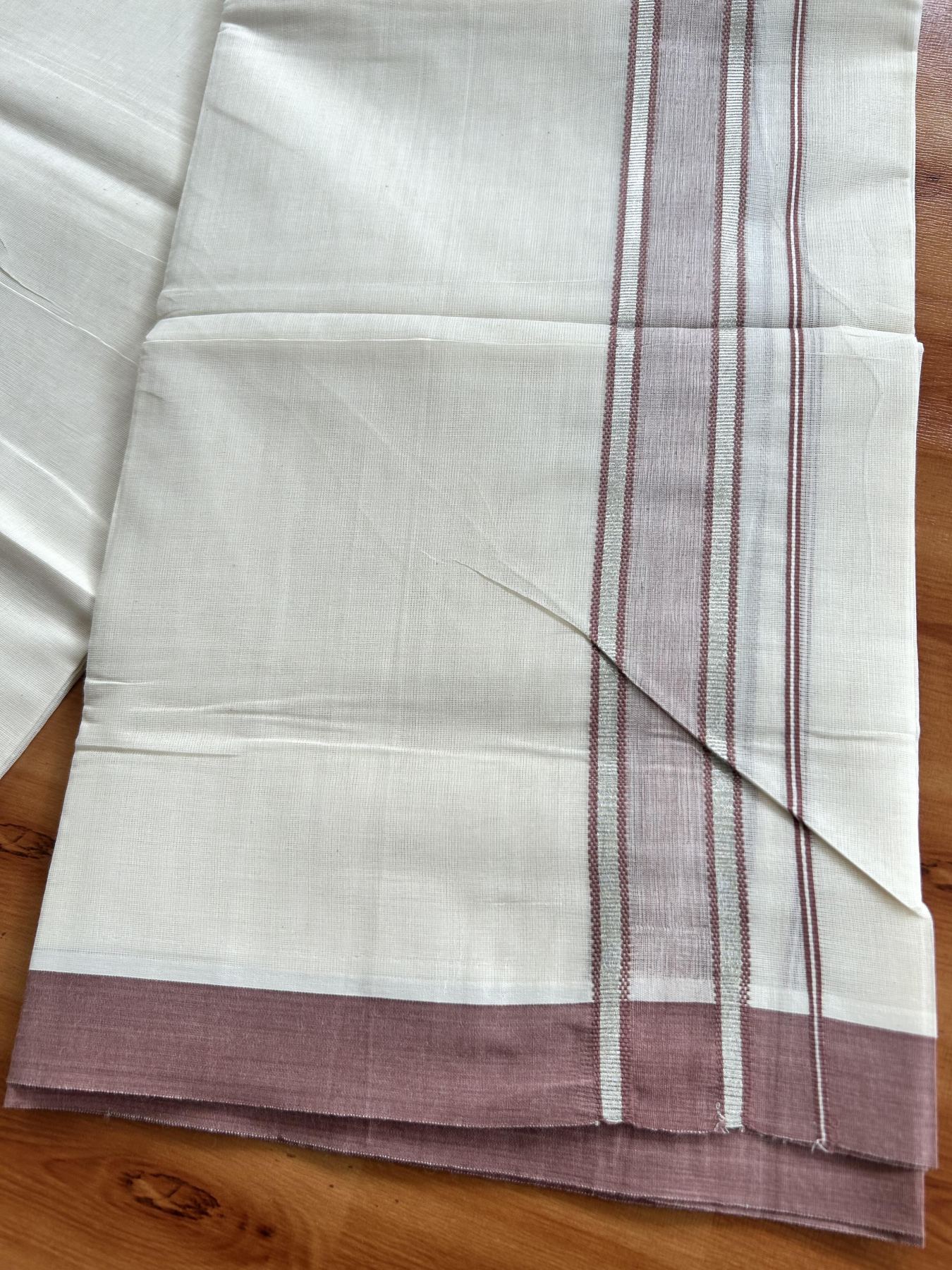 Double Off White (Unbleached) Mundu/Dhoti - 20% Discount! Kaitharikada Pure Cotton - 60s - 1.5 inch Silver Kasav & Dusty Rose Shaded Striped Kara 4 mtr (8.5 muzham) - 36 KK5460 PMC
