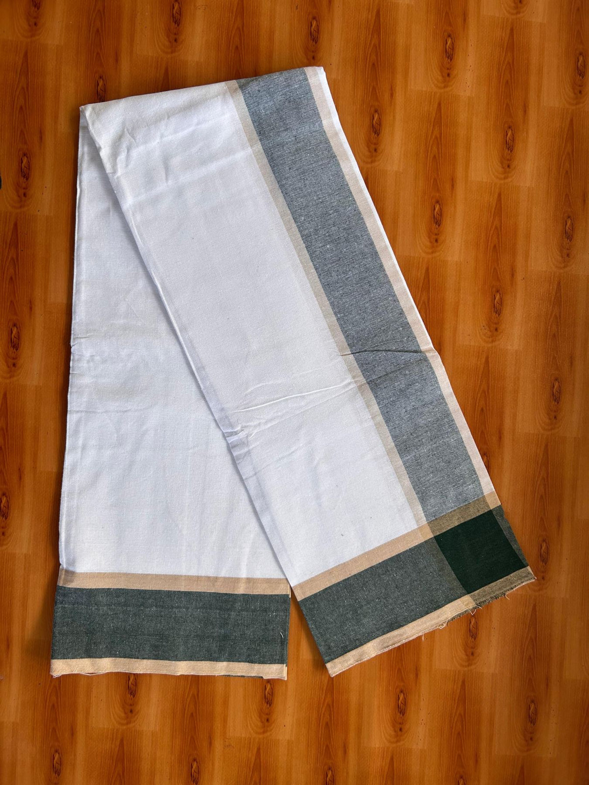 Kaitharikada Mixed cotton - Soft & Thick material - 2/40s thread - Single Lungi / Kaily & Neriyath set - 3.5 inch Dark Green & Sand Brown striped kara With White Colour Body (2 meter / 4 muzham) - 5 KK8092 SAT