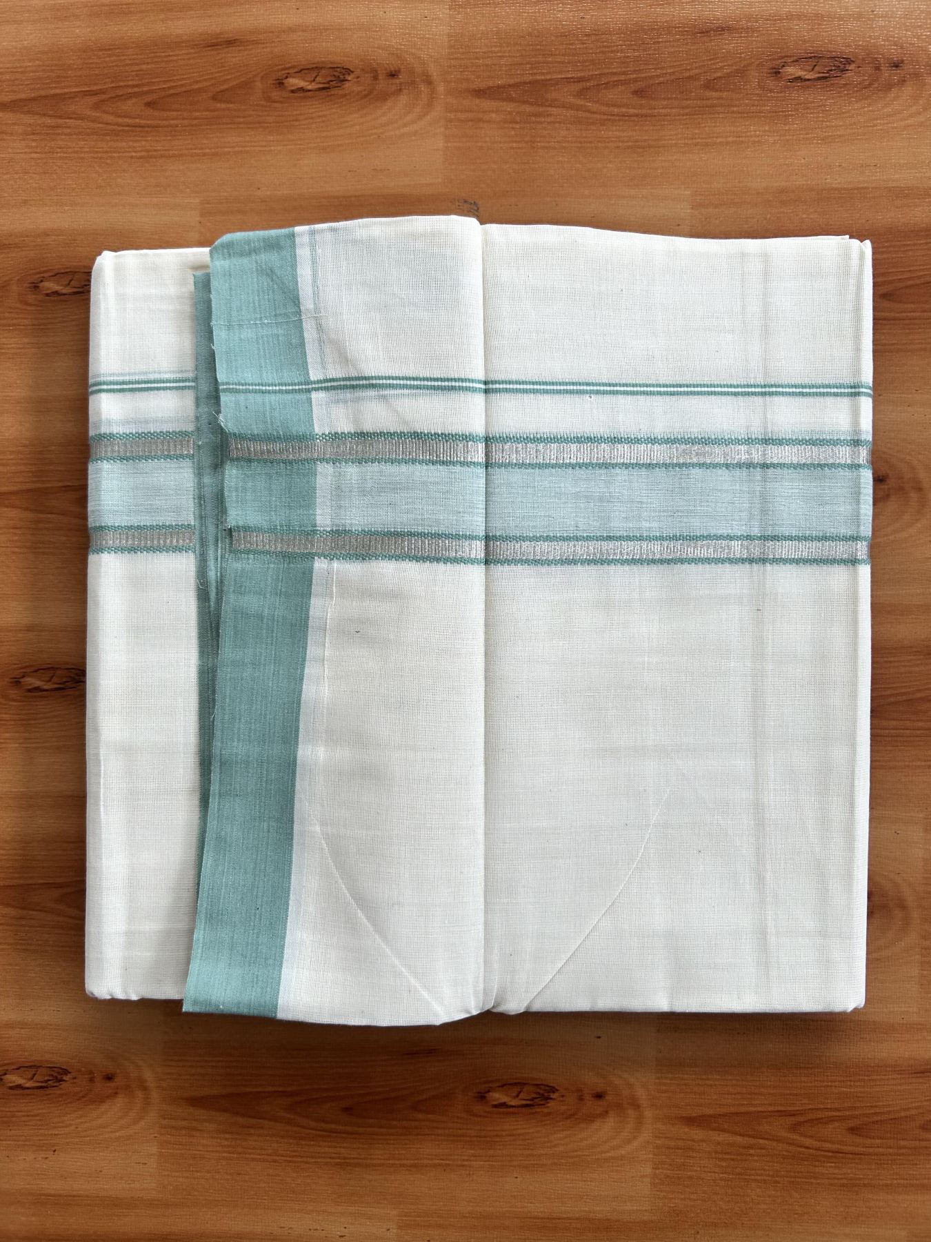Double Off White (Unbleached) Mundu/Dhoti - 20% Discount! Kaitharikada Pure Cotton - 60s - 1.5 inch Silver Kasav & Pastel Green Shaded Striped Kara 4 mtr (8.5 muzham) - 34 KK5460 PMC