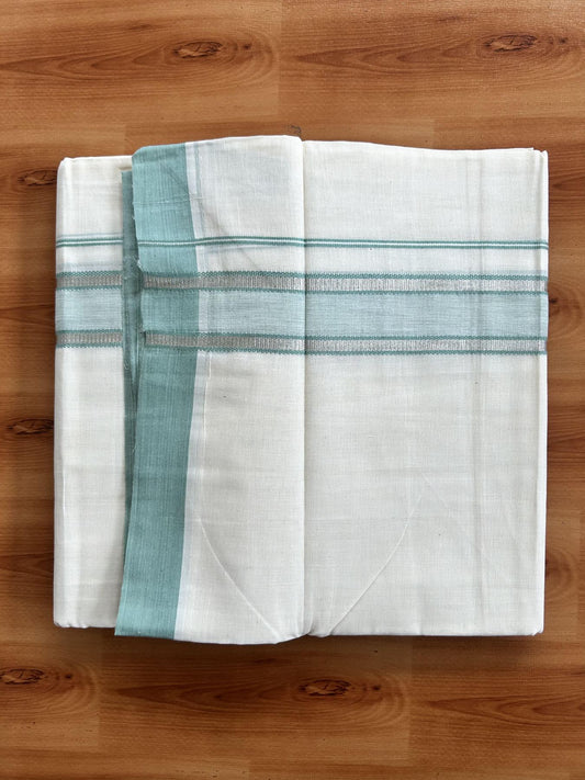 Double Off White (Unbleached) Mundu/Dhoti - 20% Discount! Kaitharikada Pure Cotton - 60s - 1.5 inch Silver Kasav & Pastel Green Shaded Striped Kara 4 mtr (8.5 muzham) - 34 KK5460 PMC