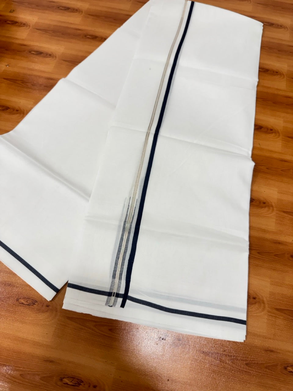 Pure white Double Mundu/Dhoti - 20% Discount! KaithariKada 100% Cotton - 100X80 - 6mm Dark Navy Silver Kasav Chutty Kara - 3.90 mtr (8.5 muzham) - 2 KK5481 MC