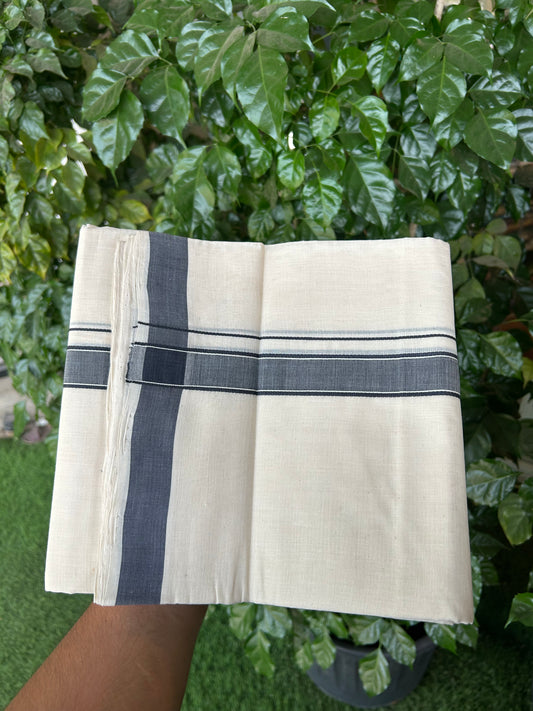 25% Discount KaithariKada Handloom Unakkupaav - Kerala Handloom - 100% Pure Cotton off white (Unbleached) Double Mundu/Dhoti - (80s) - 1 inch Dark Blue Grey Striped Kara 4 mtr (8.5 muzham) - 1 KK5368 ELA