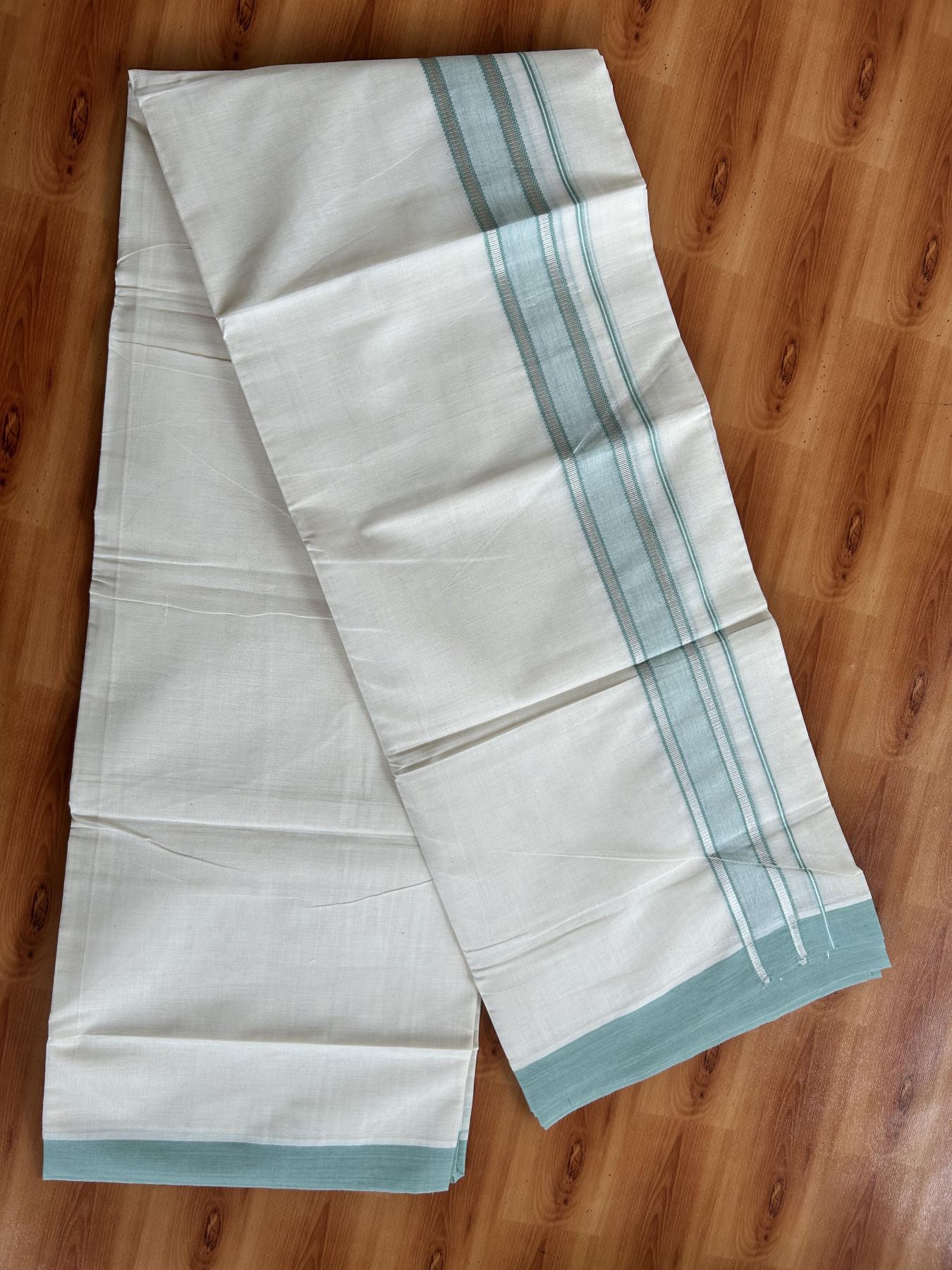 Double Off White (Unbleached) Mundu/Dhoti - 20% Discount! Kaitharikada Pure Cotton - 60s - 1.5 inch Silver Kasav & Pastel Green Shaded Striped Kara 4 mtr (8.5 muzham) - 34 KK5460 PMC