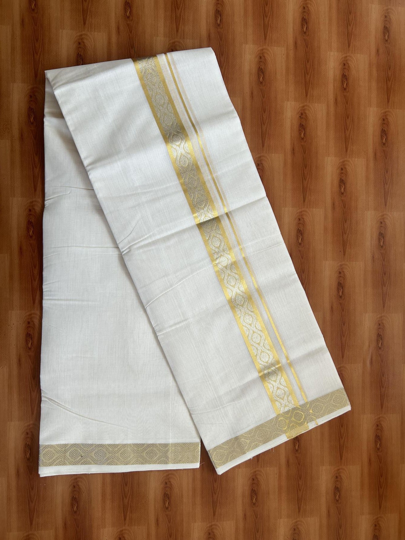 25% Discount ! KaithariKada Handloom Unakkupaav Kerala Handloom - 100% Pure Cotton Off White (Unbleached) Double Mundu/Dhoti - 100x80 - 1.5 Inch Gold & Silver kasav Jacquard Design Kara 4 mtr (8.5 muzham) - 19 KK5384 ABH