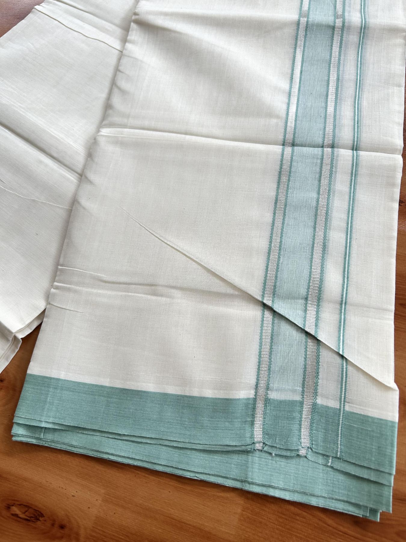 Double Off White (Unbleached) Mundu/Dhoti - 20% Discount! Kaitharikada Pure Cotton - 60s - 1.5 inch Silver Kasav & Pastel Green Shaded Striped Kara 4 mtr (8.5 muzham) - 34 KK5460 PMC