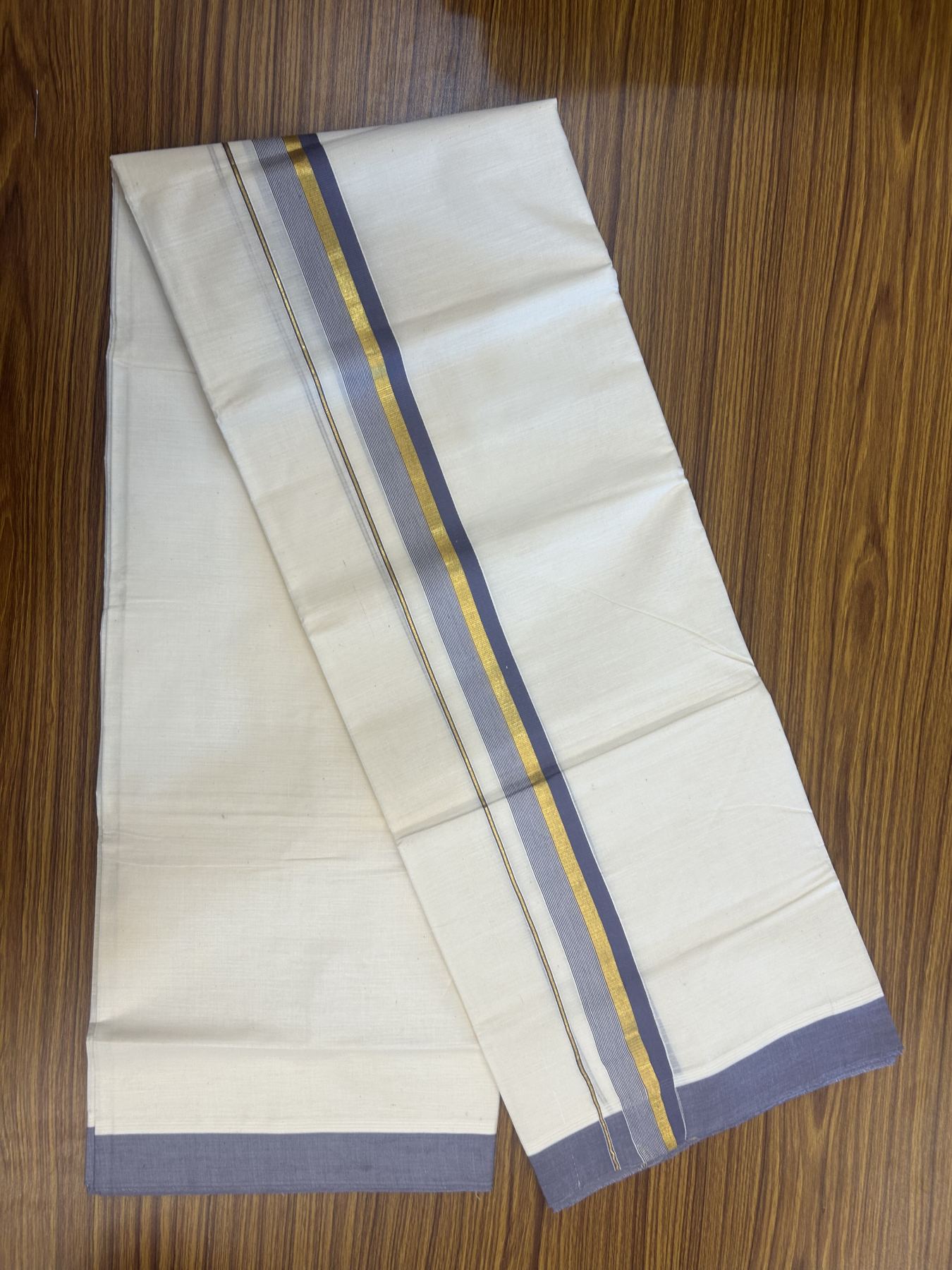 20% Discount! Kaitharikada Balaramapuram Double Off White Mundu/Dhoti - 80s - 1.25 Inch Gold Kasav & Purple Ash Stripes Kara 4 mtr (8.5 muzham) - 4 KK5311 VAS