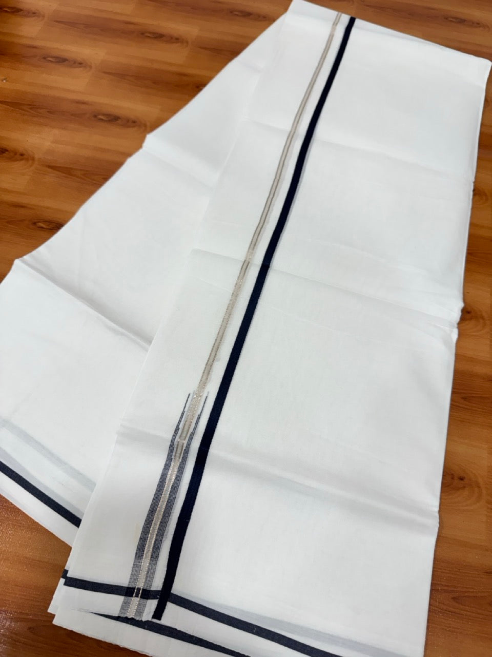 Pure white Double Mundu/Dhoti - 20% Discount! KaithariKada 100% Cotton - 100X80 - 6mm Black Silver Kasav Chutty Kara - 3.90 mtr (8.5 muzham) - 3 KK5481 MC
