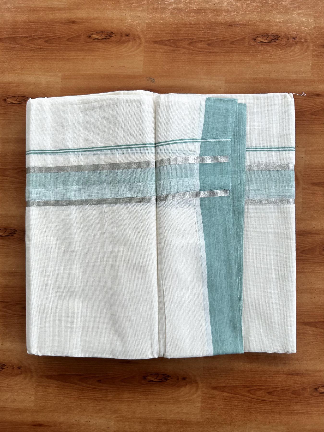 Double Off White (Unbleached) Mundu/Dhoti - 20% Discount! Kaitharikada Pure Cotton - 60s - 1.5 Inch Silver Kasav & Pastel Green Shaded Kara 4 mtr (8.5 muzham) - 48 KK5460 PMC