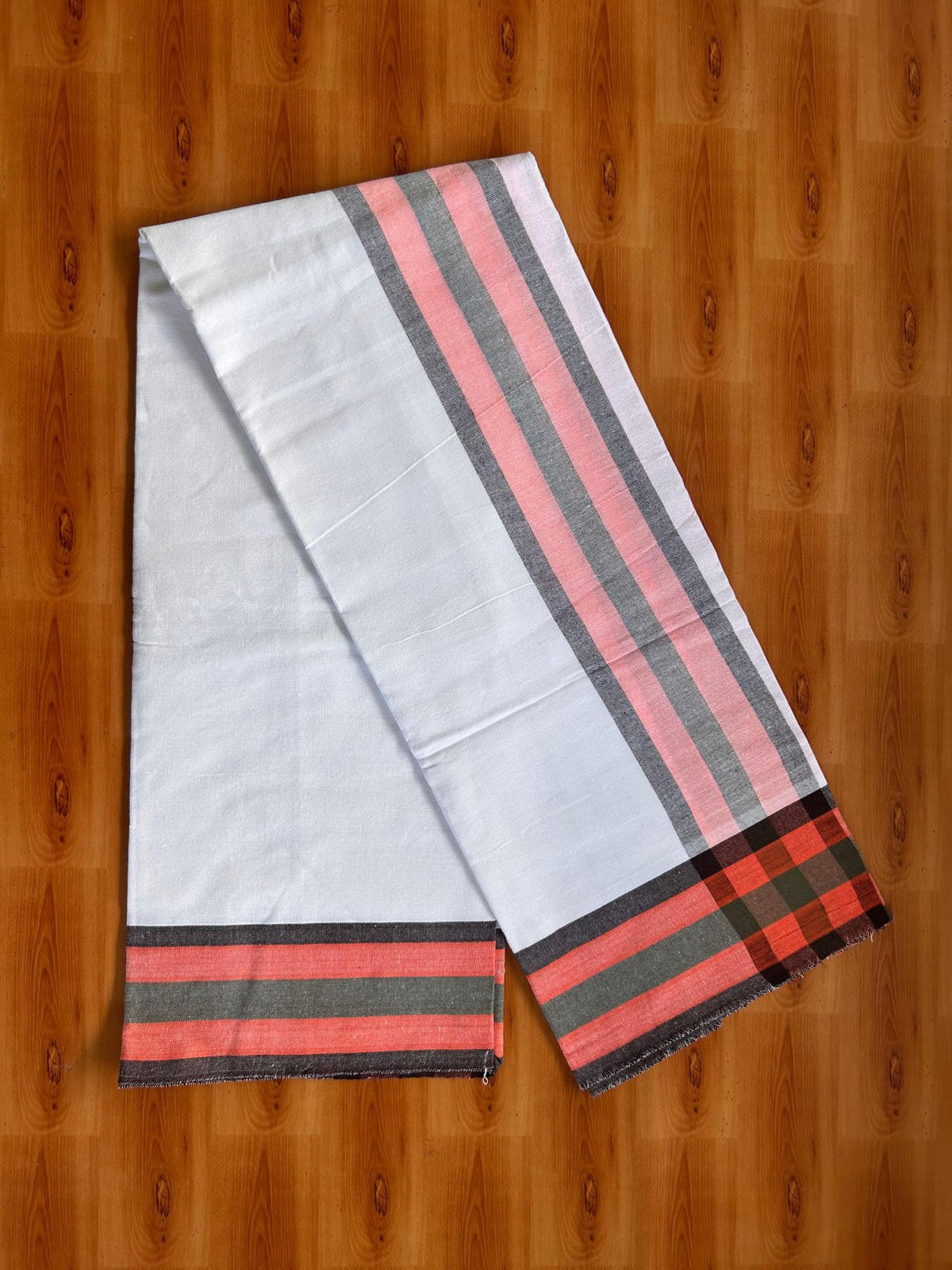 Kaitharikada Mixed cotton - Soft & Thick material - 2/40s thread - Single Lungi / Kaily & Neriyath set - 3.5 inch Peach Orange & Brown striped kara With White Colour Body (2 meter / 4 muzham) - 6 KK8092 SAT