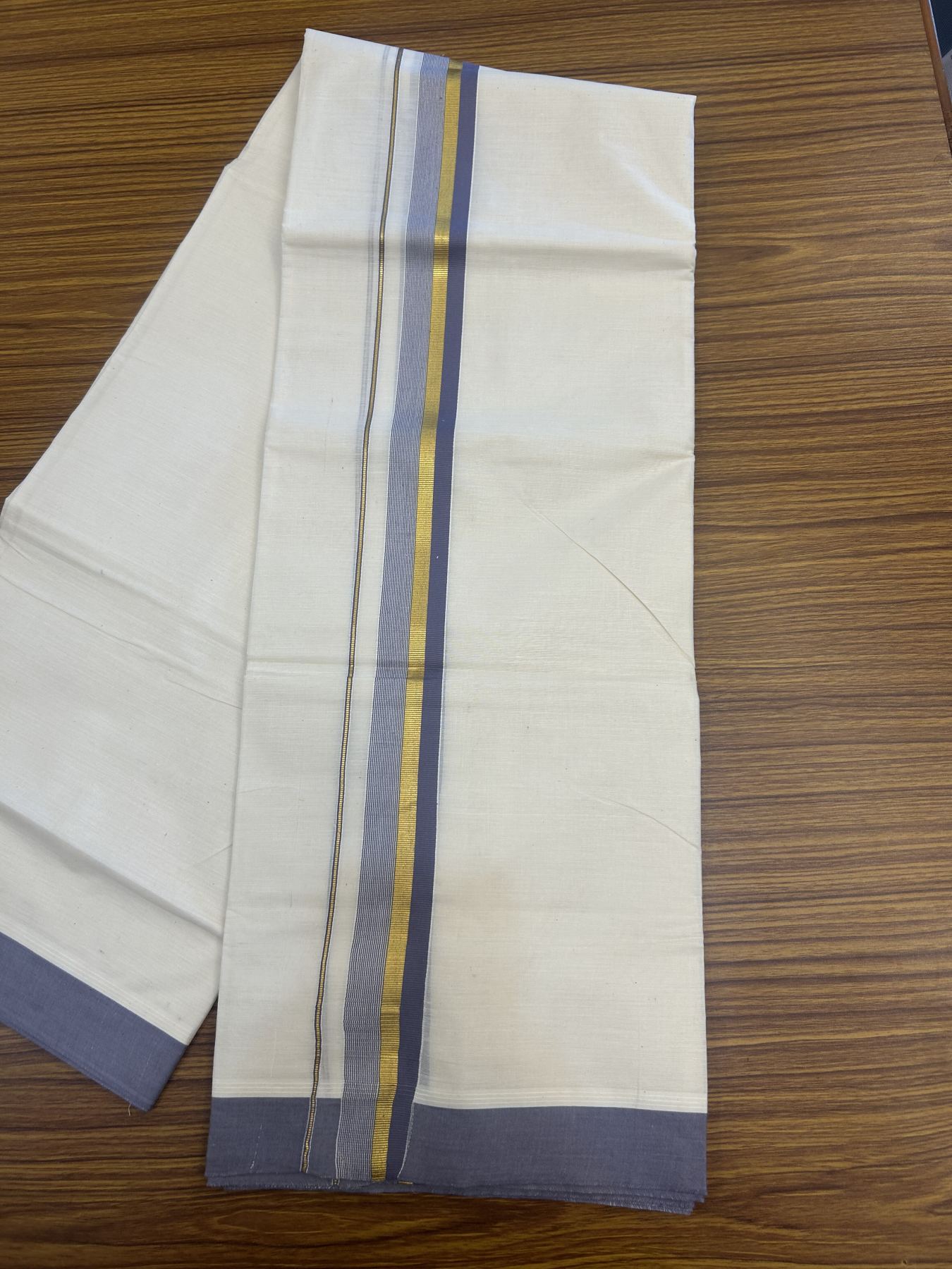 20% Discount! Kaitharikada Balaramapuram Double Off White Mundu/Dhoti - 80s - 1.25 Inch Gold Kasav & Purple Ash Stripes Kara 4 mtr (8.5 muzham) - 4 KK5311 VAS