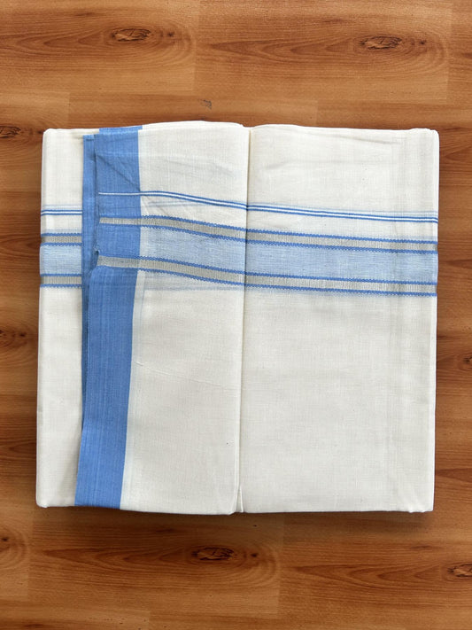 Double Off White (Unbleached) Mundu/Dhoti - 20% Discount! Kaitharikada Pure Cotton - 60s - 1.25 inch Silver Kasav & Light Blue Shaded Striped Kara 4 mtr (8.5 muzham) - 30 KK5460 PMC