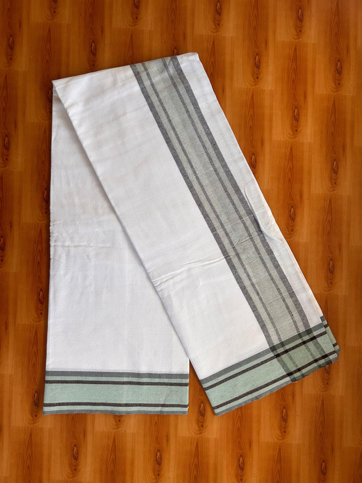 Kaitharikada Mixed cotton - Soft & Thick material - 2/40s thread - Single Lungi / Kaily & Neriyath set - 3.5 inch Light Cyan & Brown striped kara With White Colour Body (2 meter / 4 muzham) - 7 KK8092 SAT