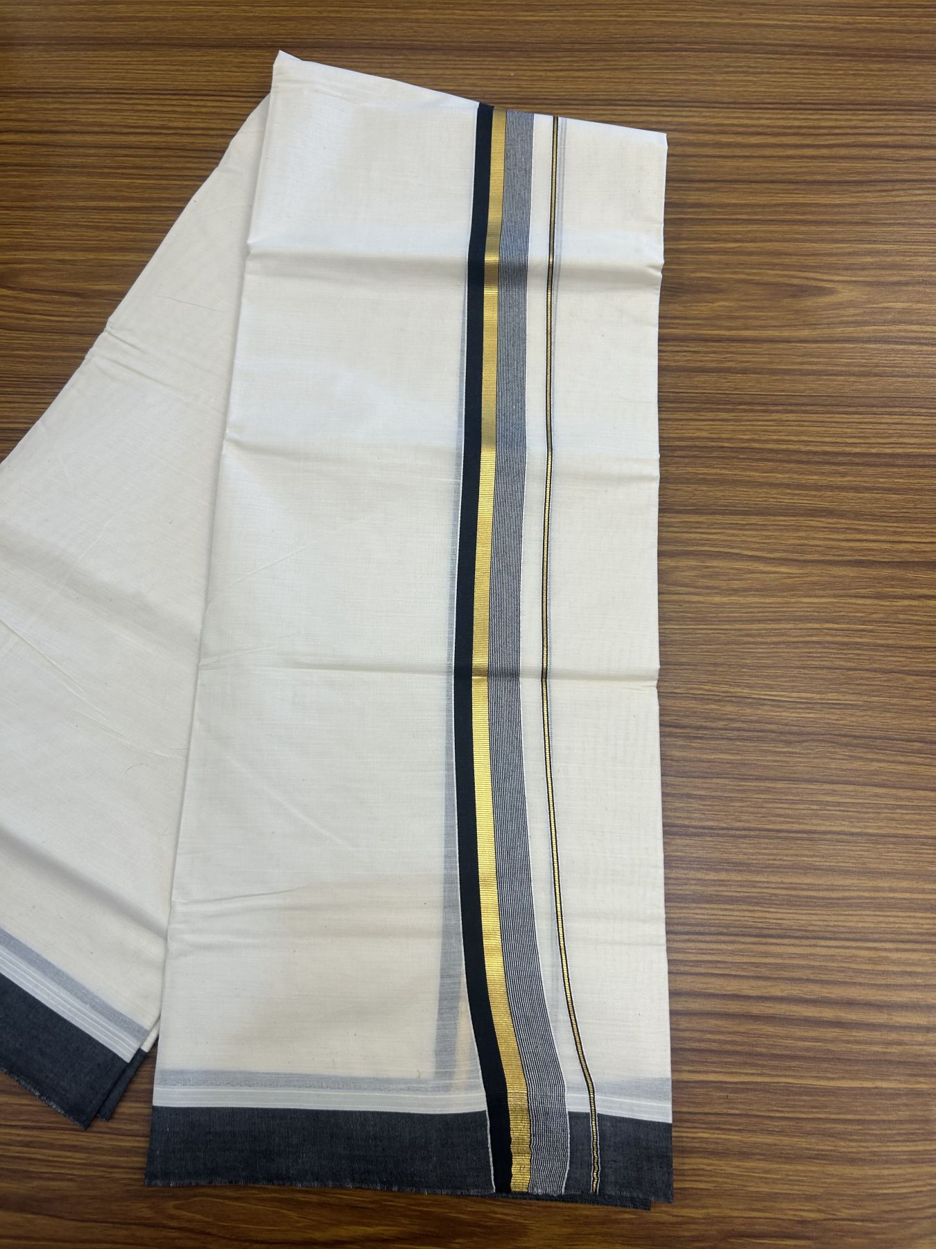 20% Discount! Kaitharikada Balaramapuram Double Off White Mundu/Dhoti - 80s - 1.25 Inch Gold Kasav & Black Stripes Kara 4 mtr (8.5 muzham) - 5 KK5311 VAS