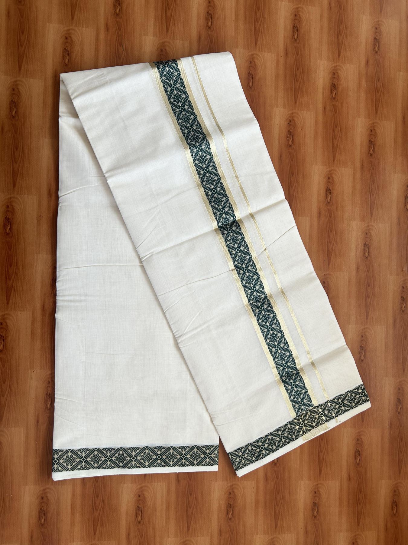 25% Discount ! Kaitharikada Handloom Unakkupaav - Kerala Handloom - 100% Pure Cotton Off White - (Unbleached) Double Mund/Dhoti - 100x80 - 1.75 inch Light Gold Kasav & Green Jacquard Design Kara 4 mtr (8.5 Muzham) - 37 KK5384 ABH