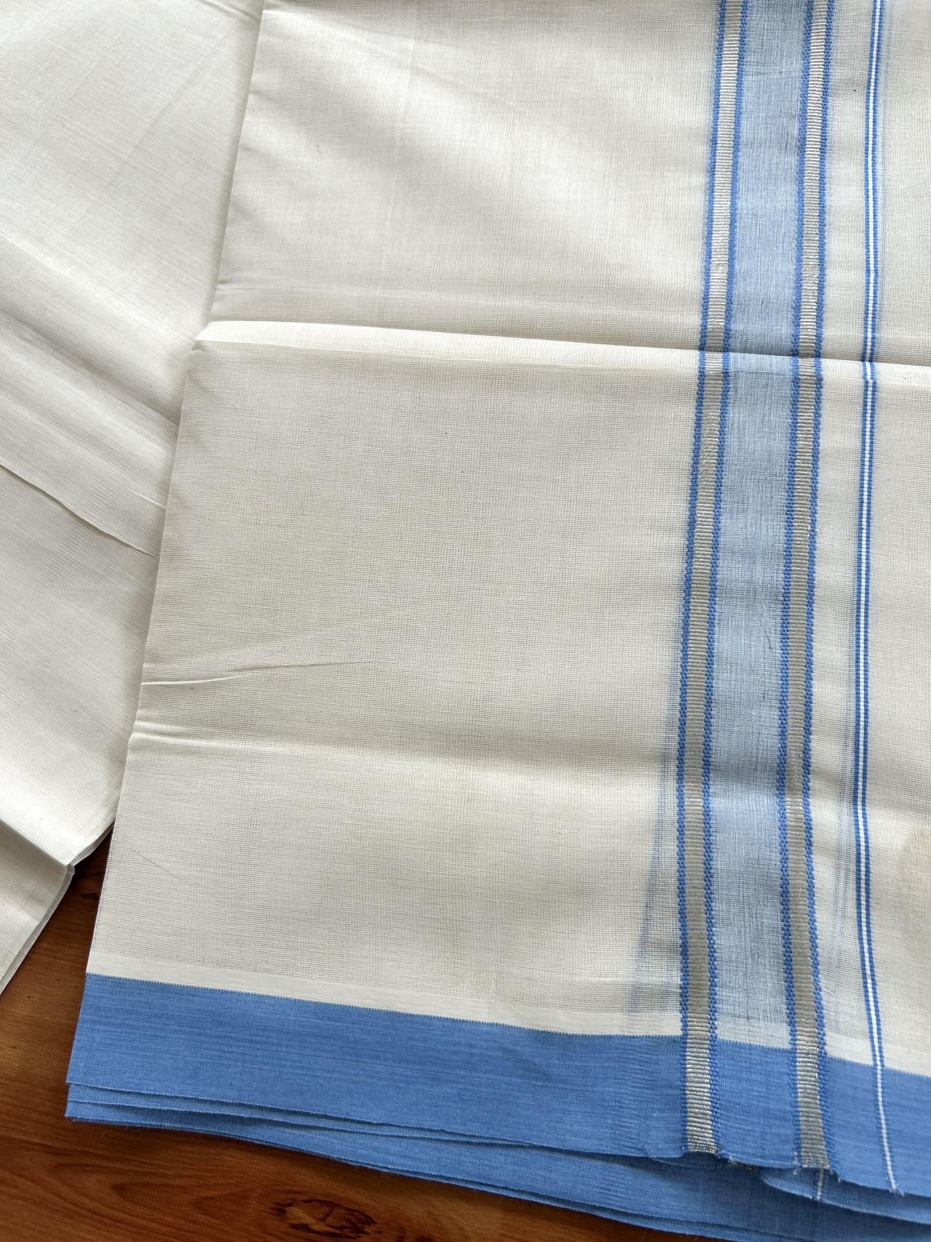 Double Off White (Unbleached) Mundu/Dhoti - 20% Discount! Kaitharikada Pure Cotton - 60s - 1.25 inch Silver Kasav & Light Blue Shaded Striped Kara 4 mtr (8.5 muzham) - 30 KK5460 PMC