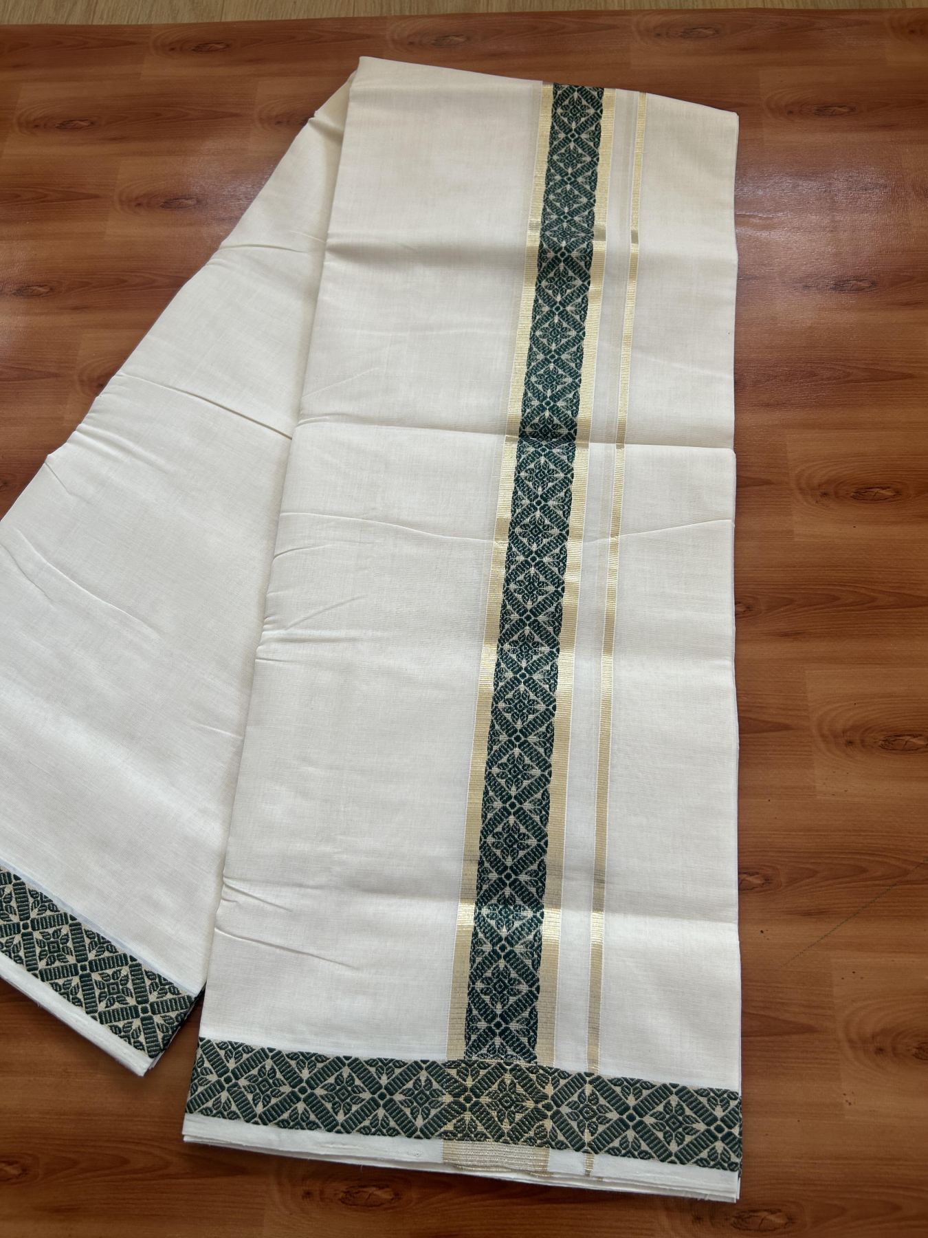 25% Discount ! Kaitharikada Handloom Unakkupaav - Kerala Handloom - 100% Pure Cotton Off White - (Unbleached) Double Mund/Dhoti - 100x80 - 1.75 inch Light Gold Kasav & Green Jacquard Design Kara 4 mtr (8.5 Muzham) - 37 KK5384 ABH