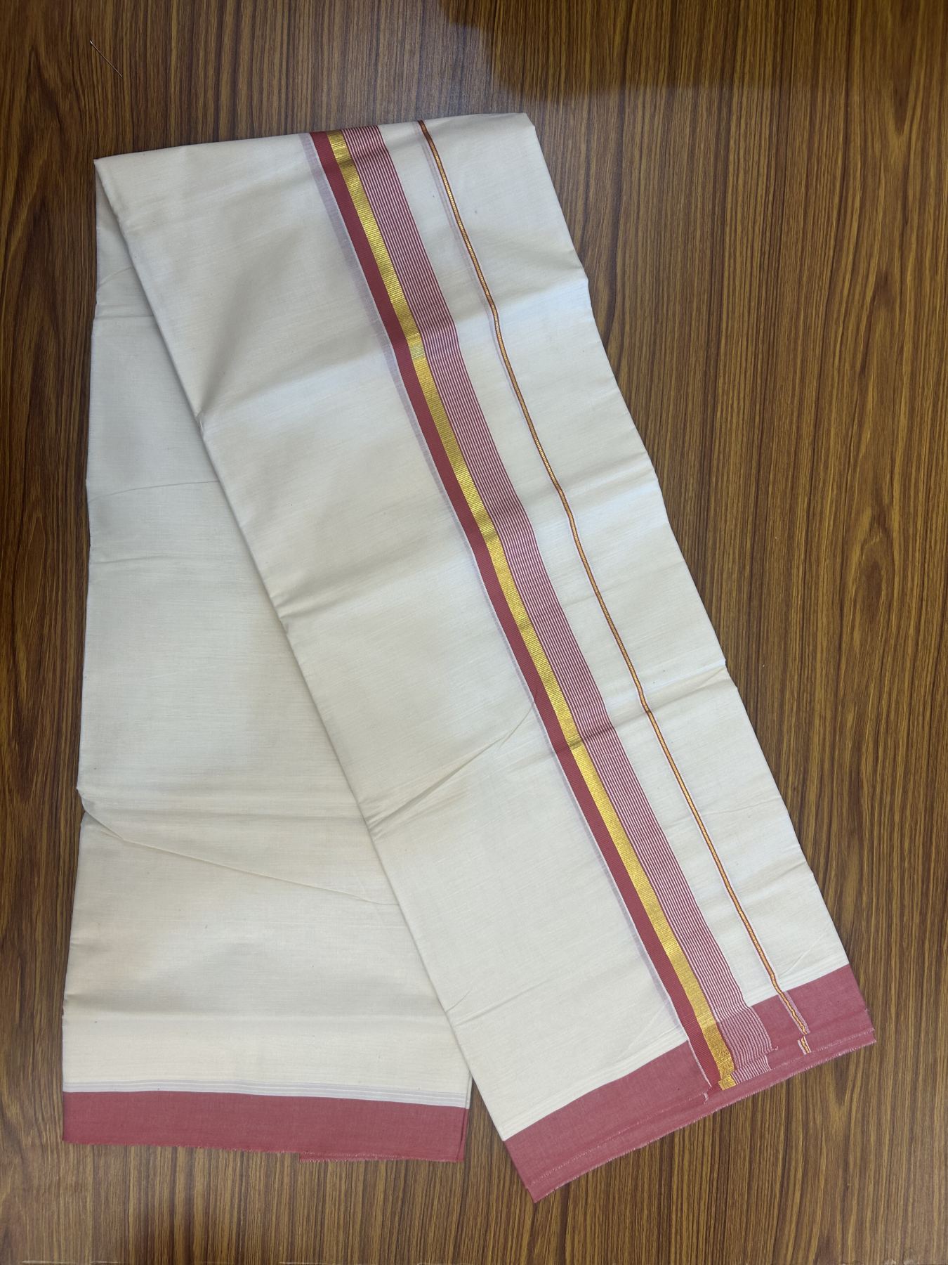 20% Discount! Kaitharikada Balaramapuram Double Off White Mundu/Dhoti - 80s - 1.25 Inch Gold Kasav & Dusty Peach Stripes Kara 4 mtr (8.5 muzham) - 1 KK5311 VAS