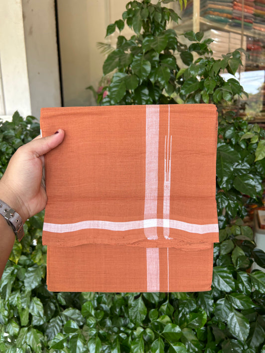 Kerala Handloom Single  - KaithariKada 100% Pure Cotton - Mundu/Dhoti Kavi Body & 0.75 inch Puliyilakkara White Chutty Kara - (2 meter / 4 muzham)- 47 KK8051 ELA