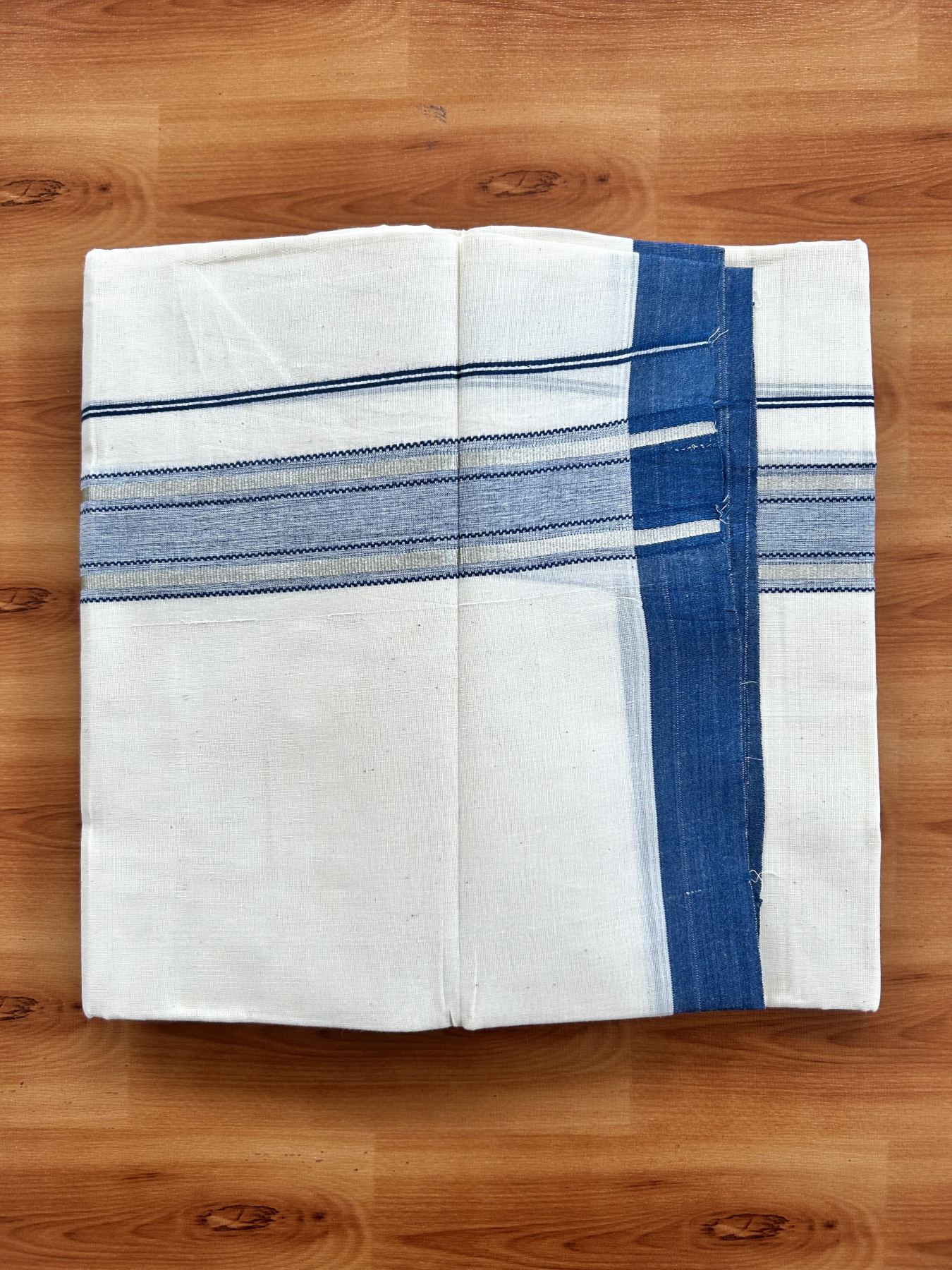 Double Off White (Unbleached) Mundu/Dhoti - 20% Discount! Kaitharikada Pure Cotton - 60s - 1.75 inch Silver Kasav & Peacock Blue Shaded Striped Kara 4 mtr (8.5 muzham) - 42 KK5460 PMC