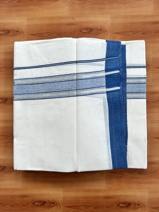 Double Off White (Unbleached) Mundu/Dhoti - 20% Discount! Kaitharikada Pure Cotton - 60s - 1.75 inch Silver Kasav & Peacock Blue Shaded Striped Kara 4 mtr (8.5 muzham) - 42 KK5460 PMC