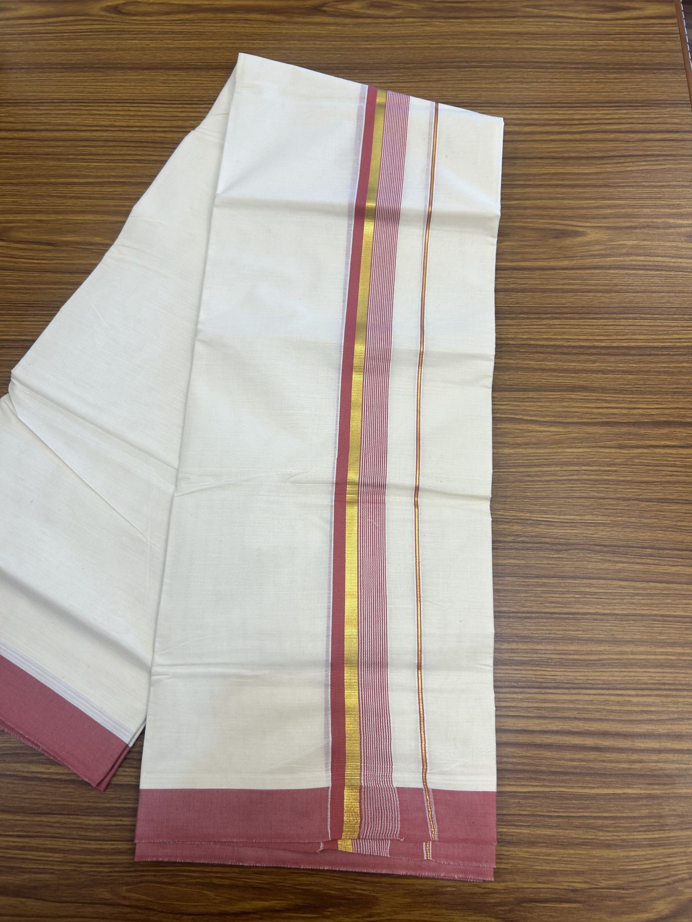 20% Discount! Kaitharikada Balaramapuram Double Off White Mundu/Dhoti - 80s - 1.25 Inch Gold Kasav & Dusty Peach Stripes Kara 4 mtr (8.5 muzham) - 1 KK5311 VAS