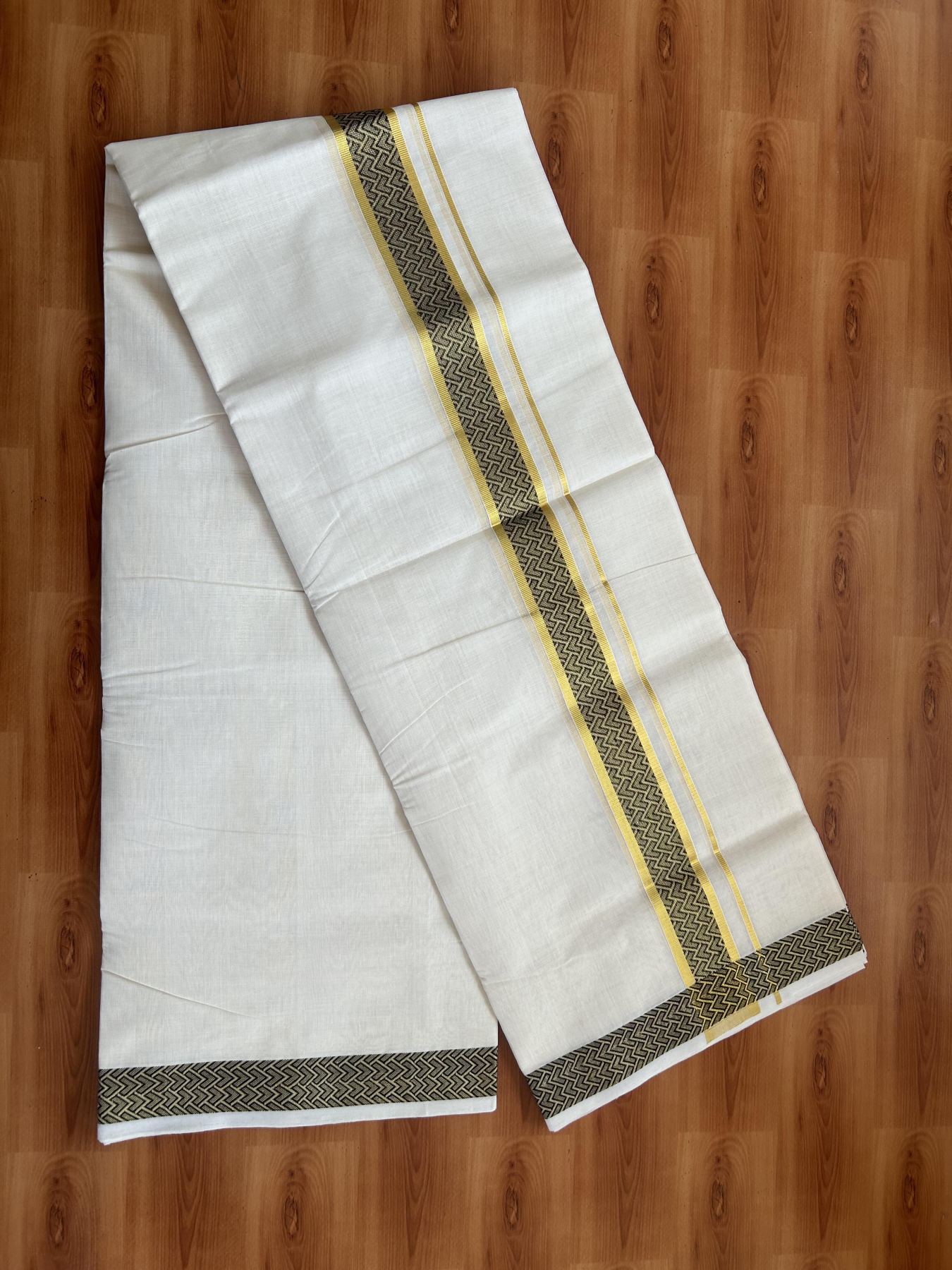 25% Discount ! Kaitharikada Handloom Unakkupaav - Kerala Handloom - 100% Pure Cotton Off White - (Unbleached) Double Mund/Dhoti - 100x80 - 1.75 inch Gold Kasav & Black Jacquard Design Kara 4 mtr (8.5 Muzham) - 41 KK5384 ABH