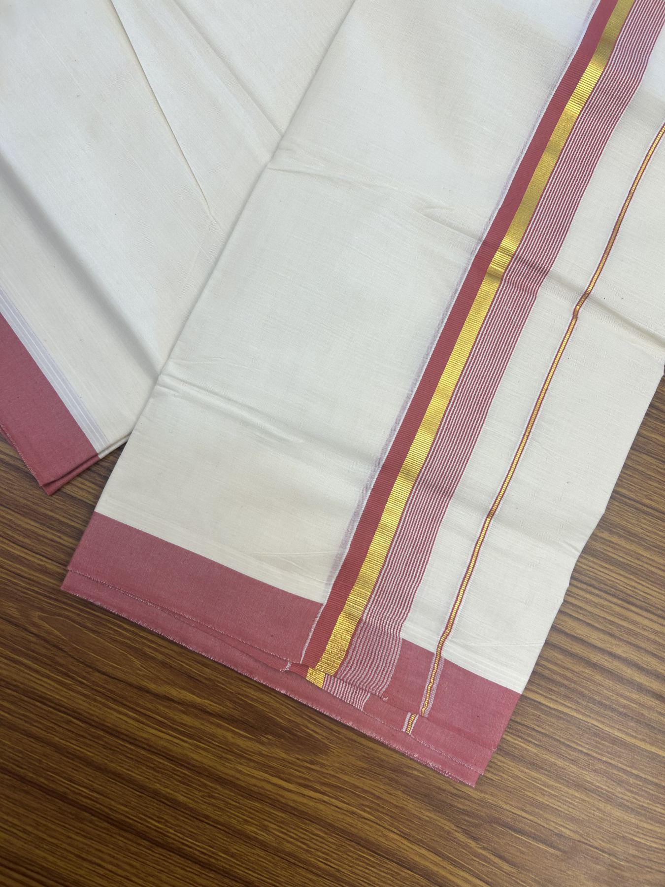 20% Discount! Kaitharikada Balaramapuram Double Off White Mundu/Dhoti - 80s - 1.25 Inch Gold Kasav & Dusty Peach Stripes Kara 4 mtr (8.5 muzham) - 1 KK5311 VAS