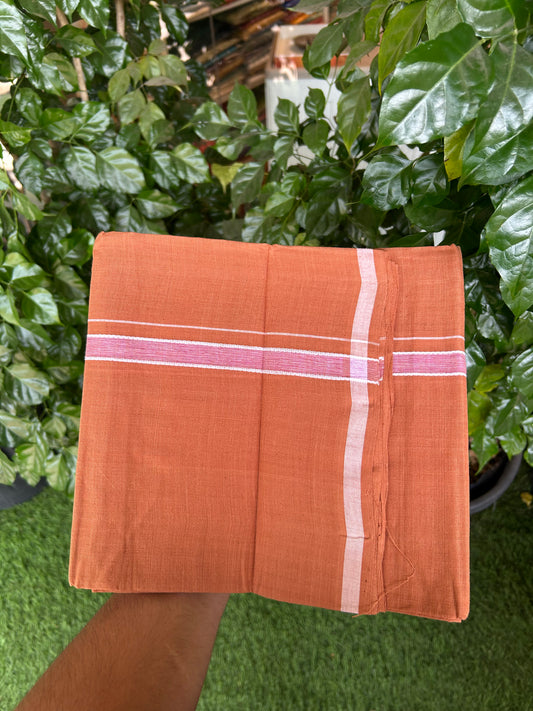 Kerala Handloom Single  - KaithariKada 100% Pure Cotton - Mundu/Dhoti Kavi Body & 0.75 inch Rose & White Shaded Kara - (2 meter / 4 muzham)- 55 KK8051 ELA