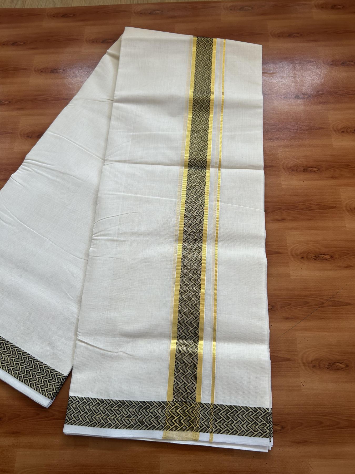25% Discount ! Kaitharikada Handloom Unakkupaav - Kerala Handloom - 100% Pure Cotton Off White - (Unbleached) Double Mund/Dhoti - 100x80 - 1.75 inch Gold Kasav & Black Jacquard Design Kara 4 mtr (8.5 Muzham) - 41 KK5384 ABH