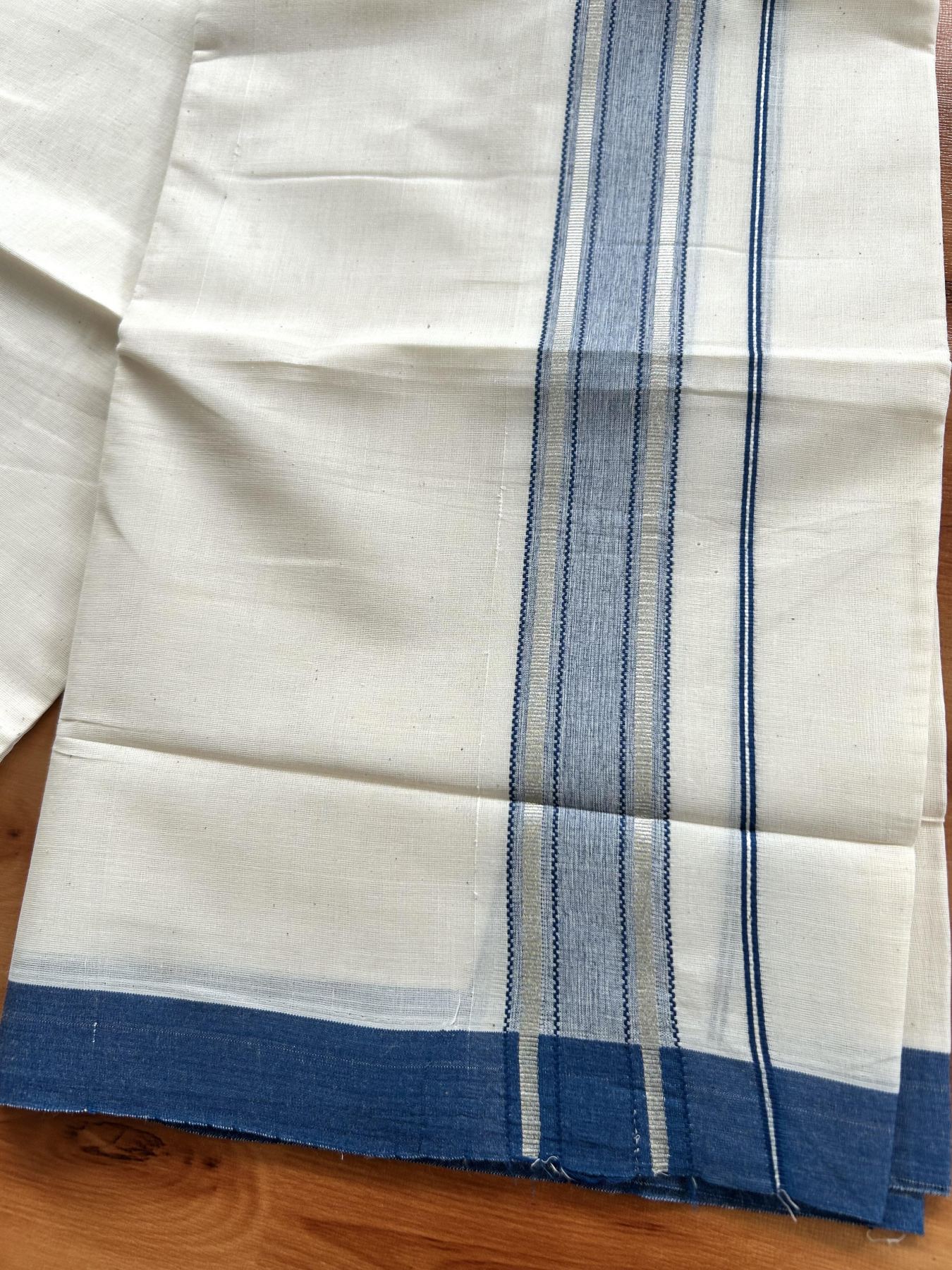 Double Off White (Unbleached) Mundu/Dhoti - 20% Discount! Kaitharikada Pure Cotton - 60s - 1.75 inch Silver Kasav & Peacock Blue Shaded Striped Kara 4 mtr (8.5 muzham) - 42 KK5460 PMC