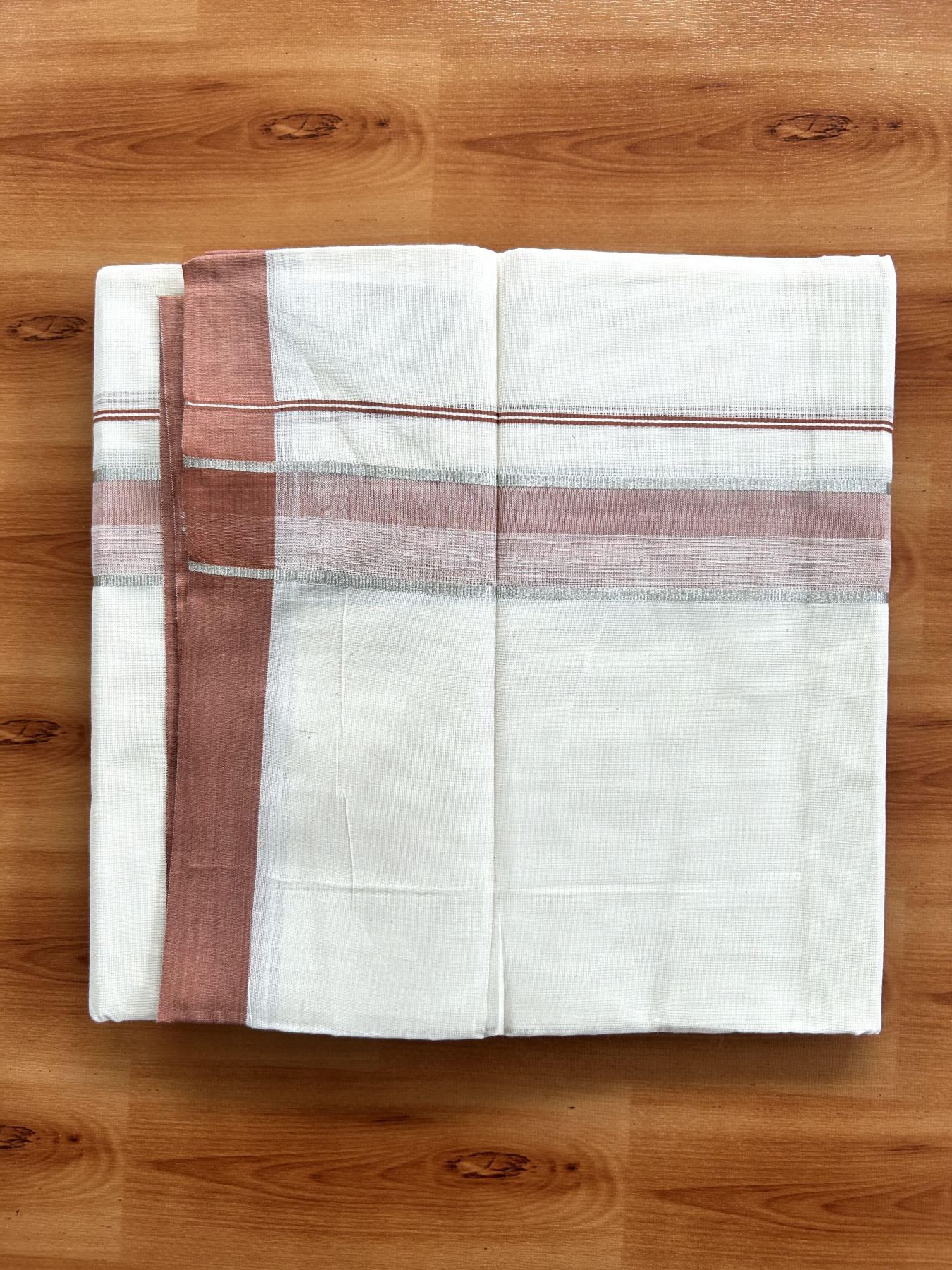 Double Off White (Unbleached) Mundu/Dhoti - 20% Discount! Kaitharikada Pure Cotton - 60s - 1.5 Inch Silver Kasav & Brownish Peach Shaded Kara 4 mtr (8.5 muzham) - 50 KK5460 PMC