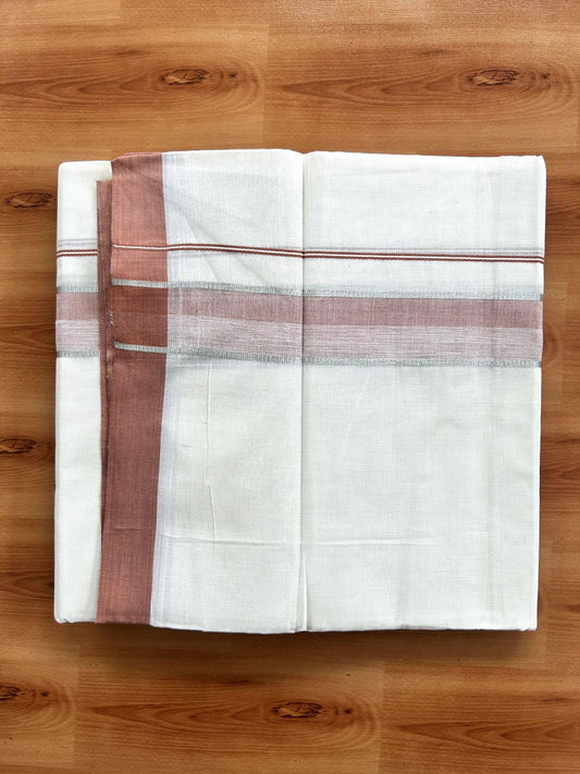 Double Off White (Unbleached) Mundu/Dhoti - 20% Discount! Kaitharikada Pure Cotton - 60s - 1.5 Inch Silver Kasav & Brownish Peach Shaded Kara 4 mtr (8.5 muzham) - 50 KK5460 PMC