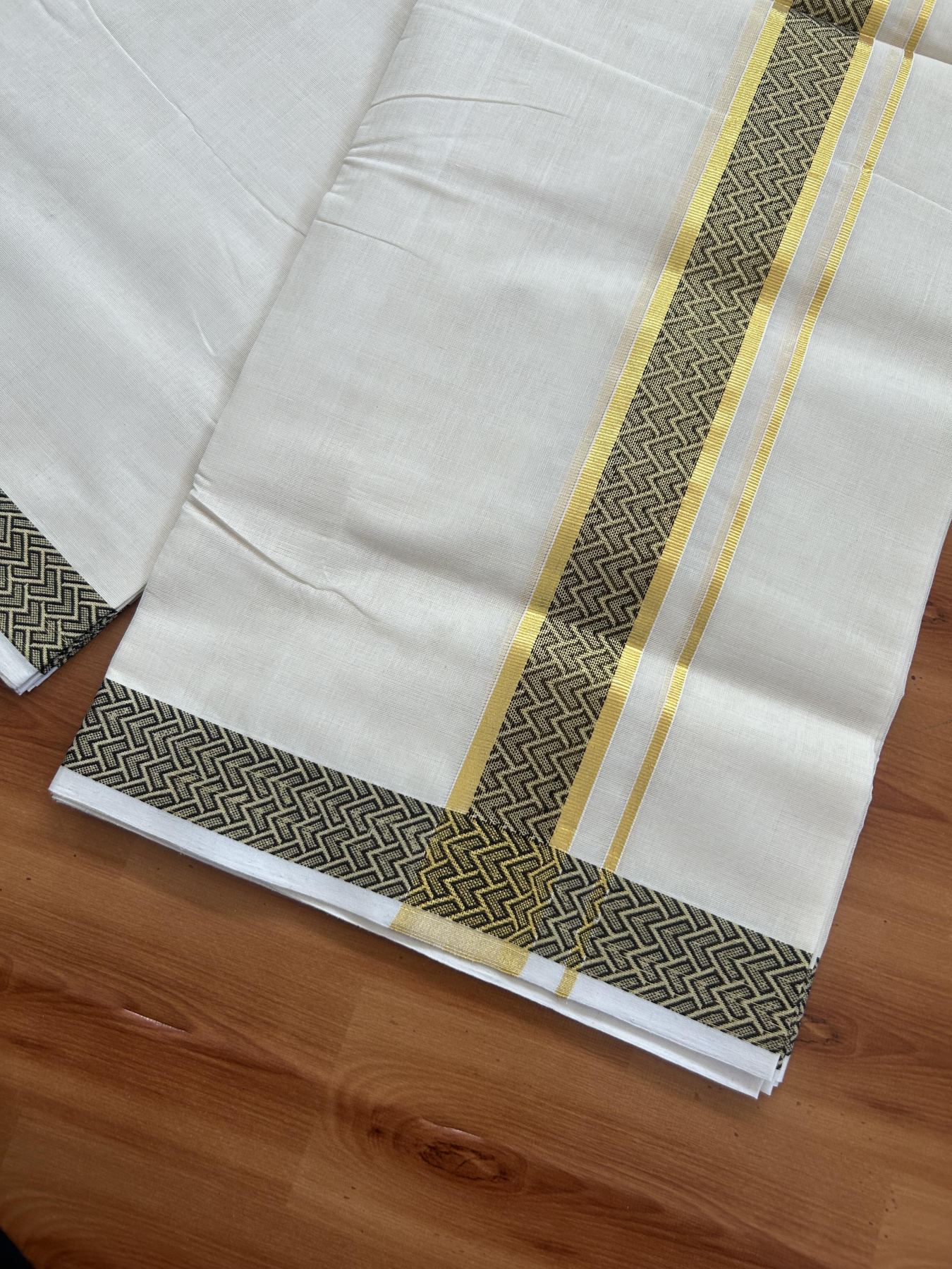 25% Discount ! Kaitharikada Handloom Unakkupaav - Kerala Handloom - 100% Pure Cotton Off White - (Unbleached) Double Mund/Dhoti - 100x80 - 1.75 inch Gold Kasav & Black Jacquard Design Kara 4 mtr (8.5 Muzham) - 41 KK5384 ABH