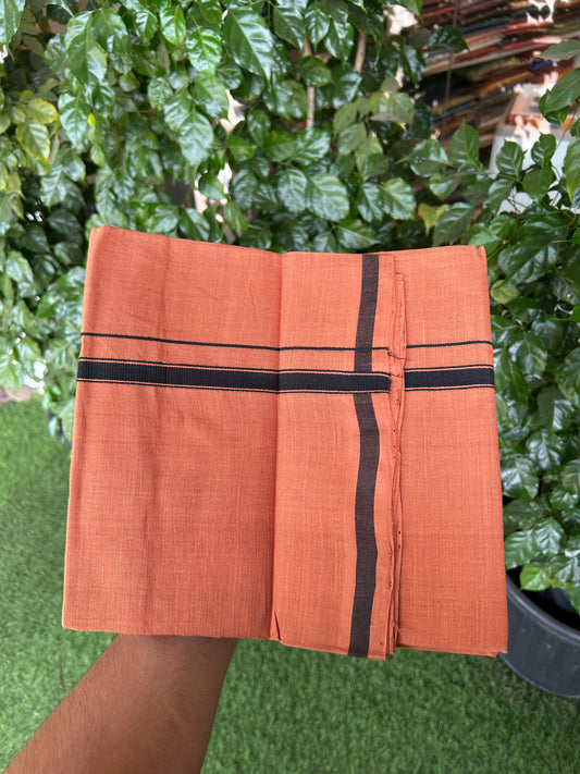Kerala Handloom Single  - KaithariKada 100% Pure Cotton - Mundu/Dhoti Kavi Body & 0.75 inch Black Striped Kara - (2 meter / 4 muzham)- 52 KK8051 ELA