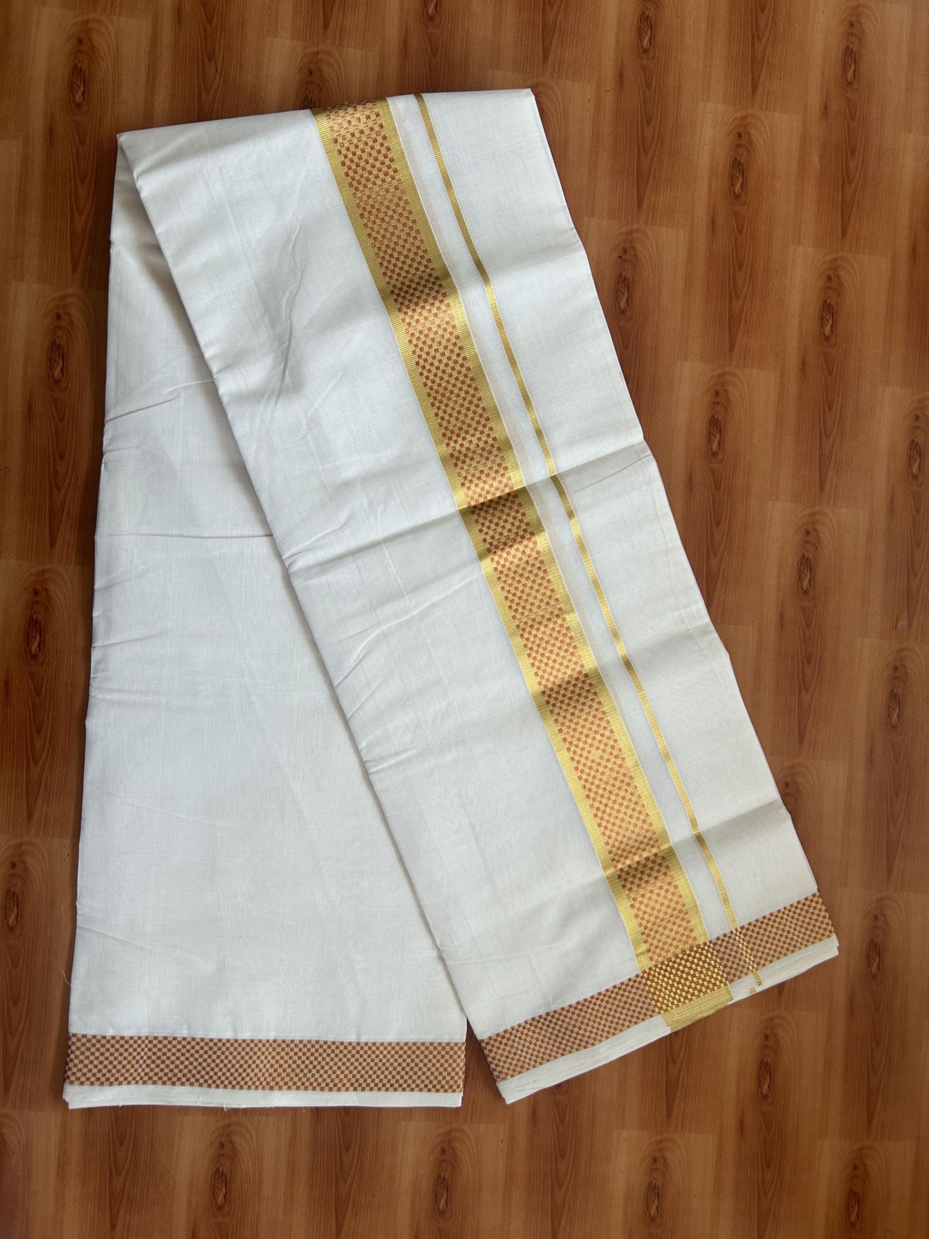 25% Discount ! Kaitharikada Handloom Unakkupaav - Kerala Handloom - 100% Pure Cotton Off White - (Unbleached) Double Mund/Dhoti - 100x80 - 2 inch Gold & Copper Kasav Jacquard Design Kara 4 mtr (8.5 Muzham) - 34 KK5384 ABH