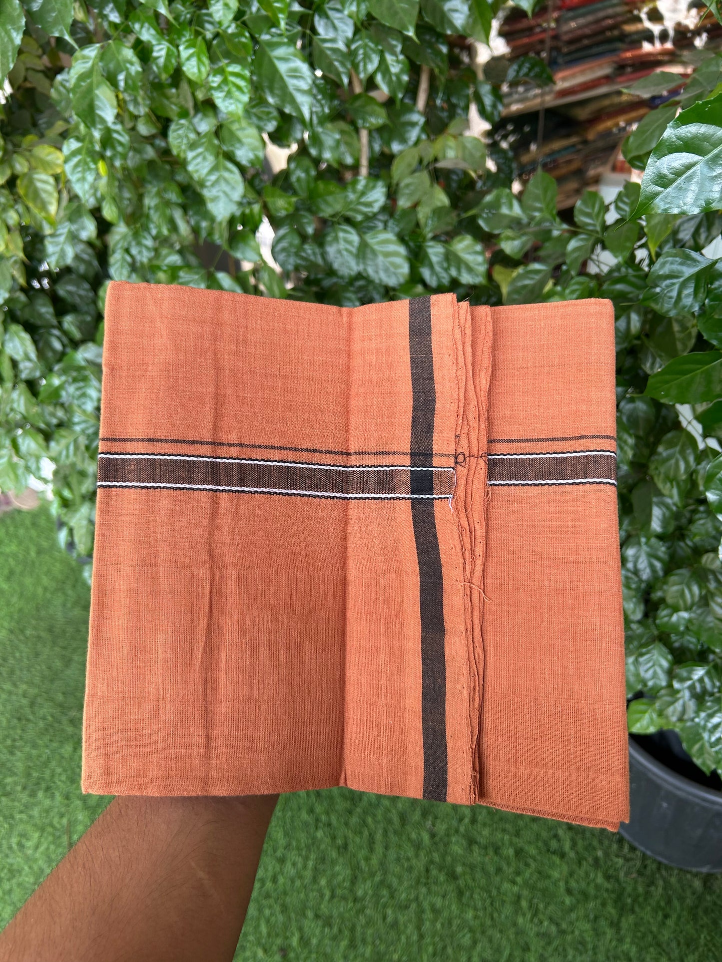 Kerala Handloom Single  - KaithariKada 100% Pure Cotton - Mundu/Dhoti Kavi Body & 0.75 inch Black & White Kara - (2 meter / 4 muzham)- 53 KK8051 ELA