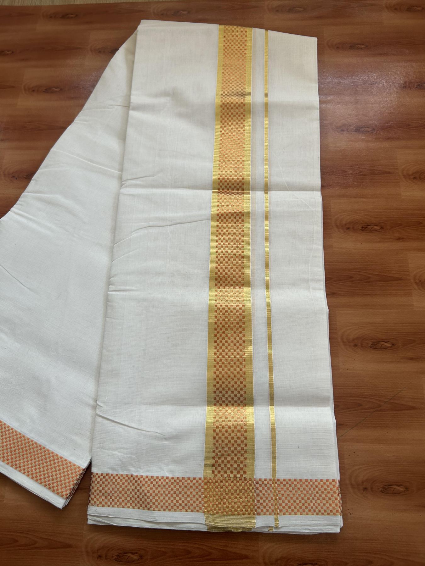 25% Discount ! Kaitharikada Handloom Unakkupaav - Kerala Handloom - 100% Pure Cotton Off White - (Unbleached) Double Mund/Dhoti - 100x80 - 2 inch Gold & Copper Kasav Jacquard Design Kara 4 mtr (8.5 Muzham) - 34 KK5384 ABH