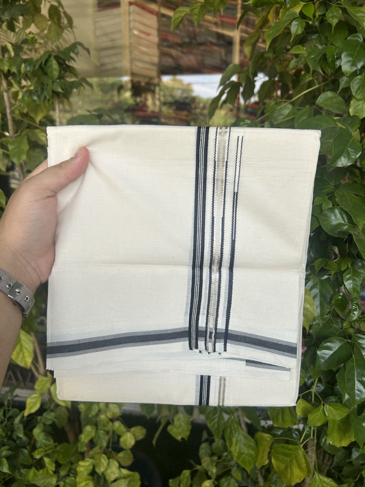 20% Discount!! KaithariKada Balaramapuram Pure Cotton Double Off White - (Unbleached) - Mundu/Dhoti - 100x80 - 1 inch Puliyilakkara Silver Kasav & Black Stripes One Side Double Chutty Kara 4 mtr (8.5 muzham) - 36 KK5311 VAS