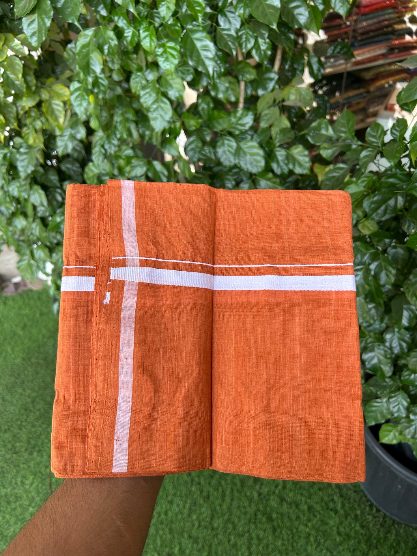 Kerala Handloom Single  - KaithariKada 100% Pure Cotton - Mundu/Dhoti Orange Brown Body & 0.5 inch White Kara - (2 meter / 4 muzham)- 19 KK8051 ELA