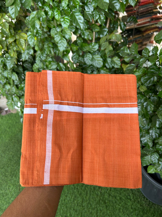 Kerala Handloom Single  - KaithariKada 100% Pure Cotton - Mundu/Dhoti Orange Brown Body & 0.5 inch White Kara - (2 meter / 4 muzham)- 19 KK8051 ELA