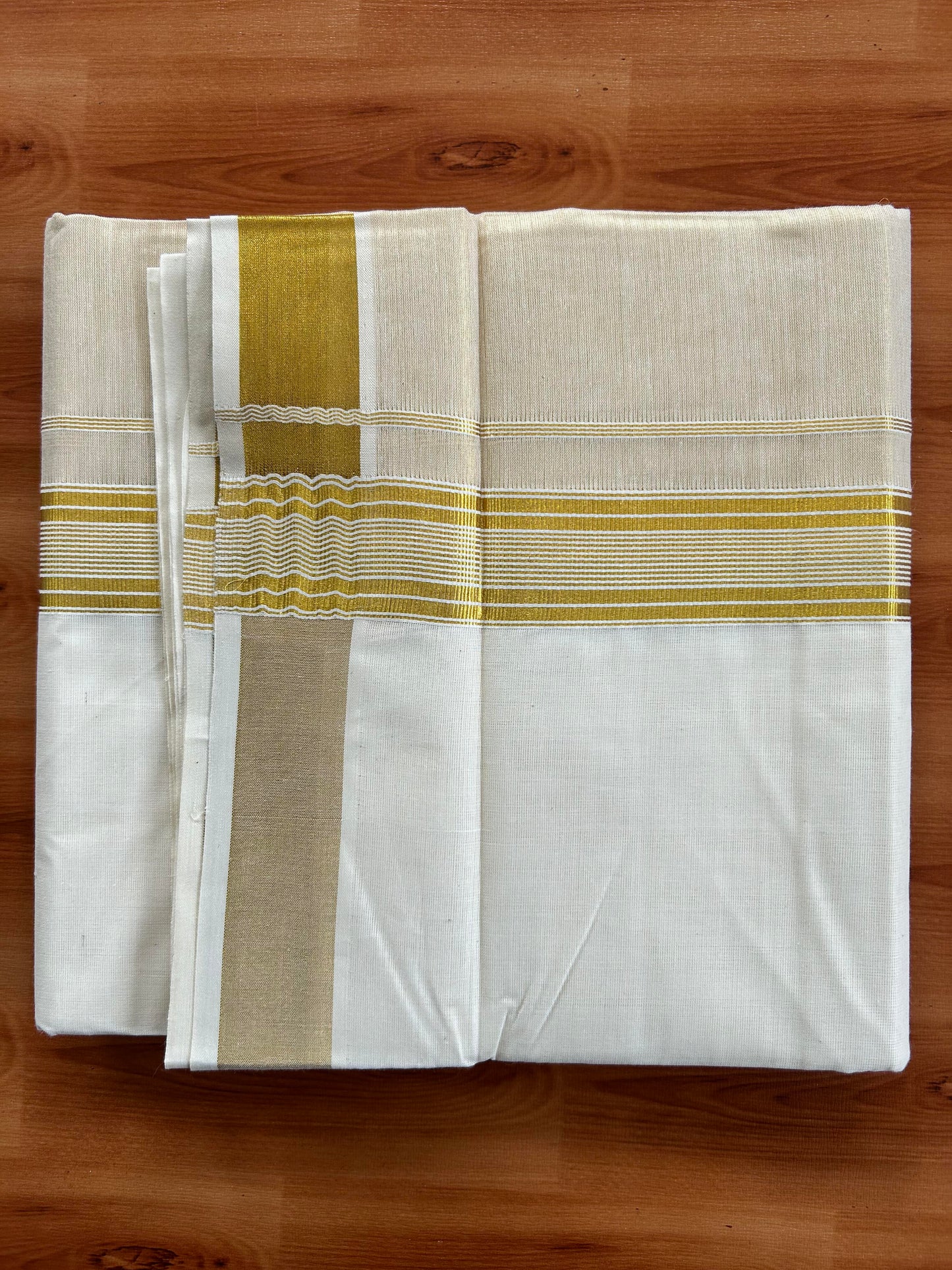 Double Off White Dhoti/Mund- 20% Discount! Kaitharikada Balaramapuram  Cotton - (60s) - 7.25 Inch Gold Kasav Tissue Striped Kara 4 mtr (8.5 muzham) - 3 KK5412 GAN