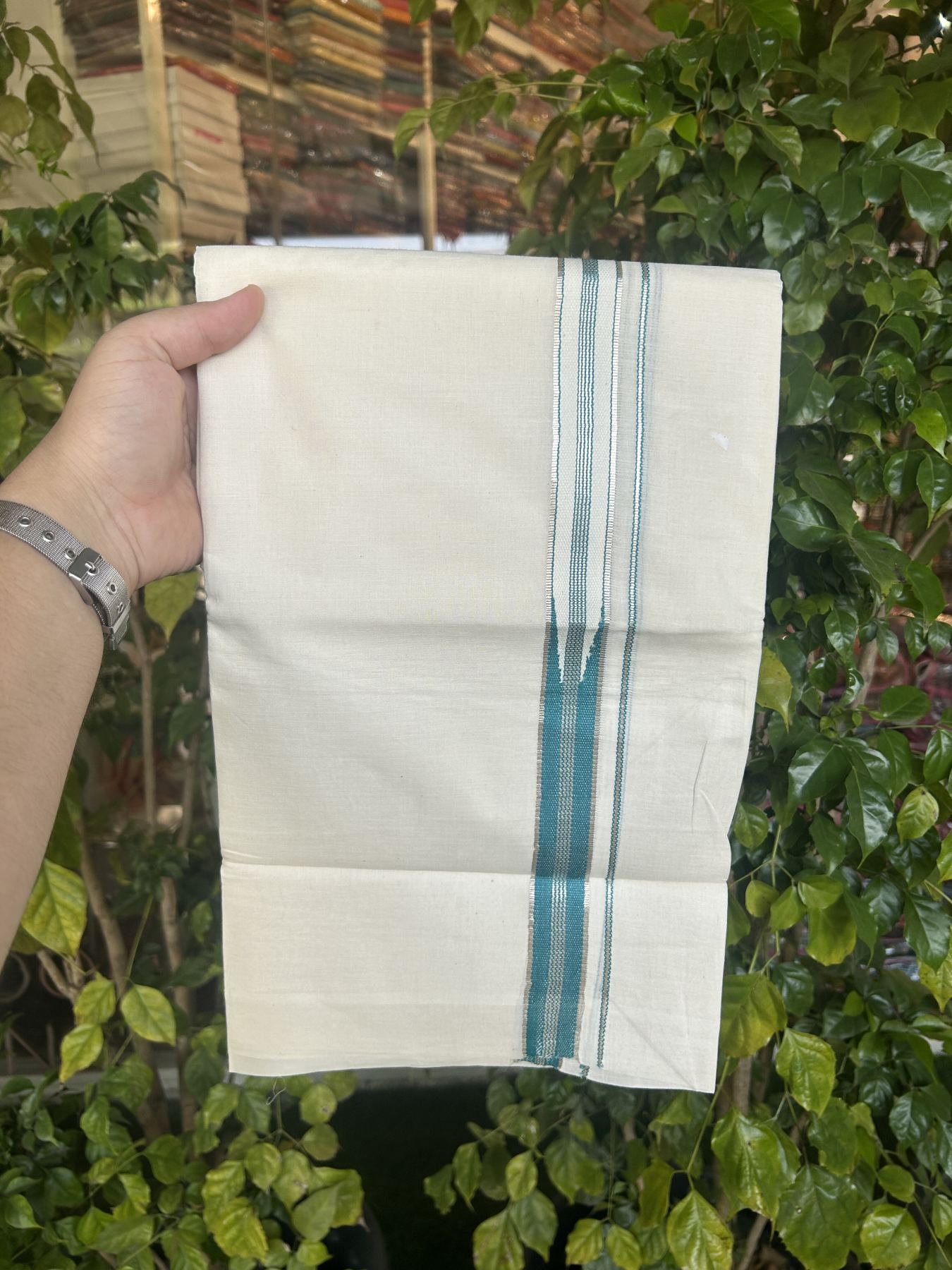 20% Discount!! KaithariKada Balaramapuram Pure Cotton Double Off White - (Unbleached) - Mundu/Dhoti - 100x80 - 1 inch Puliyilakkara Silver Kasav & Aqua Green Stripes One Side Chutty Kara 4 mtr (8.5 muzham) - 39 KK5311 VAS