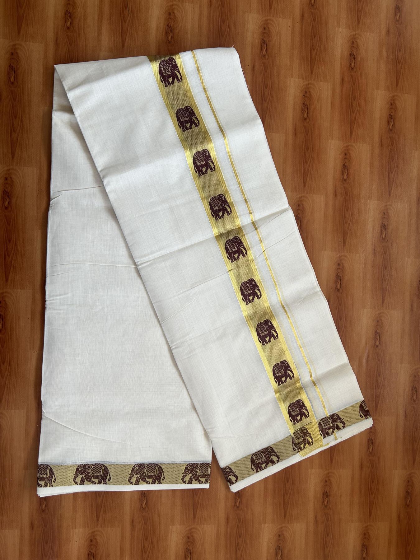 25% Discount ! Kaitharikada Handloom Unakkupaav - Kerala Handloom - 100% Pure Cotton Off White - (Unbleached) Double Mund/Dhoti - 100x80 - 1.75 inch Gold Kasav Elephant Jacquard Design Kara 4 mtr (8.5 Muzham) - 39 KK5384 ABH