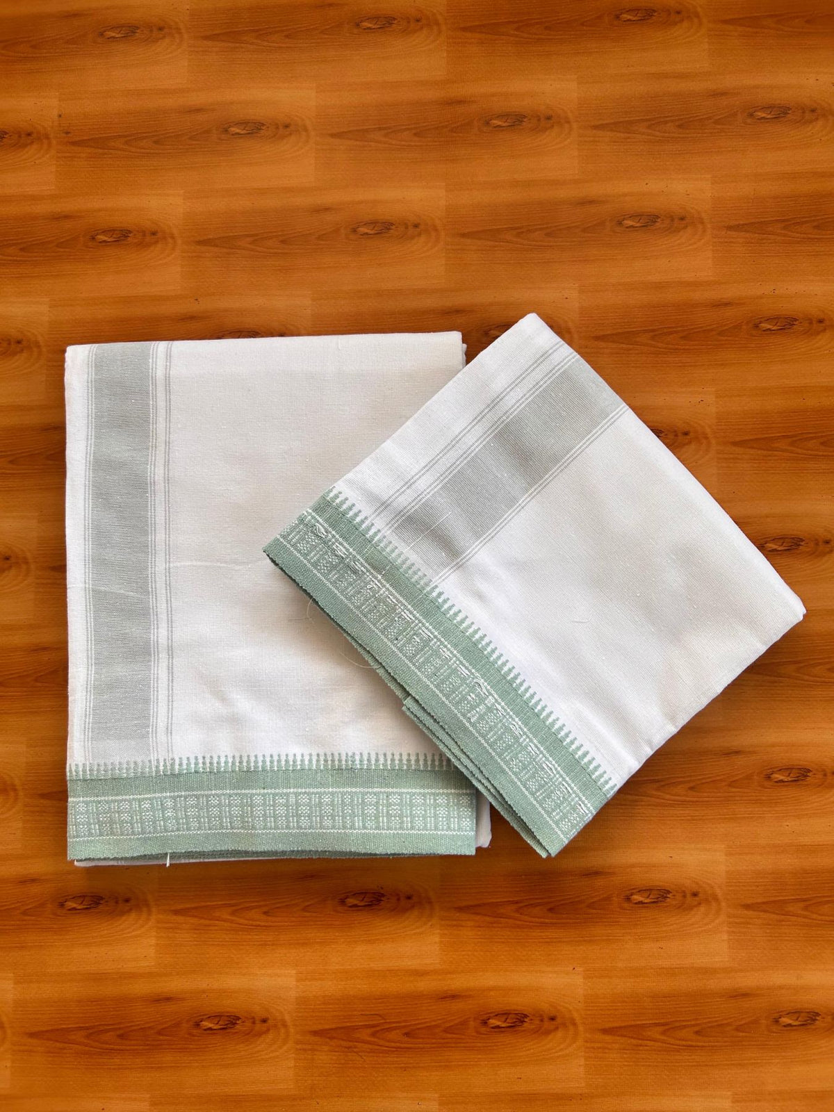 Kaitharikada Mixed cotton - Soft & Thick material - 2/40s thread - Single Lungi / Kaily & Neriyath set - 1.75 inch Light turquoise striped kara With White Colour Body (2 meter / 4 muzham) - 9 KK8092 SAT