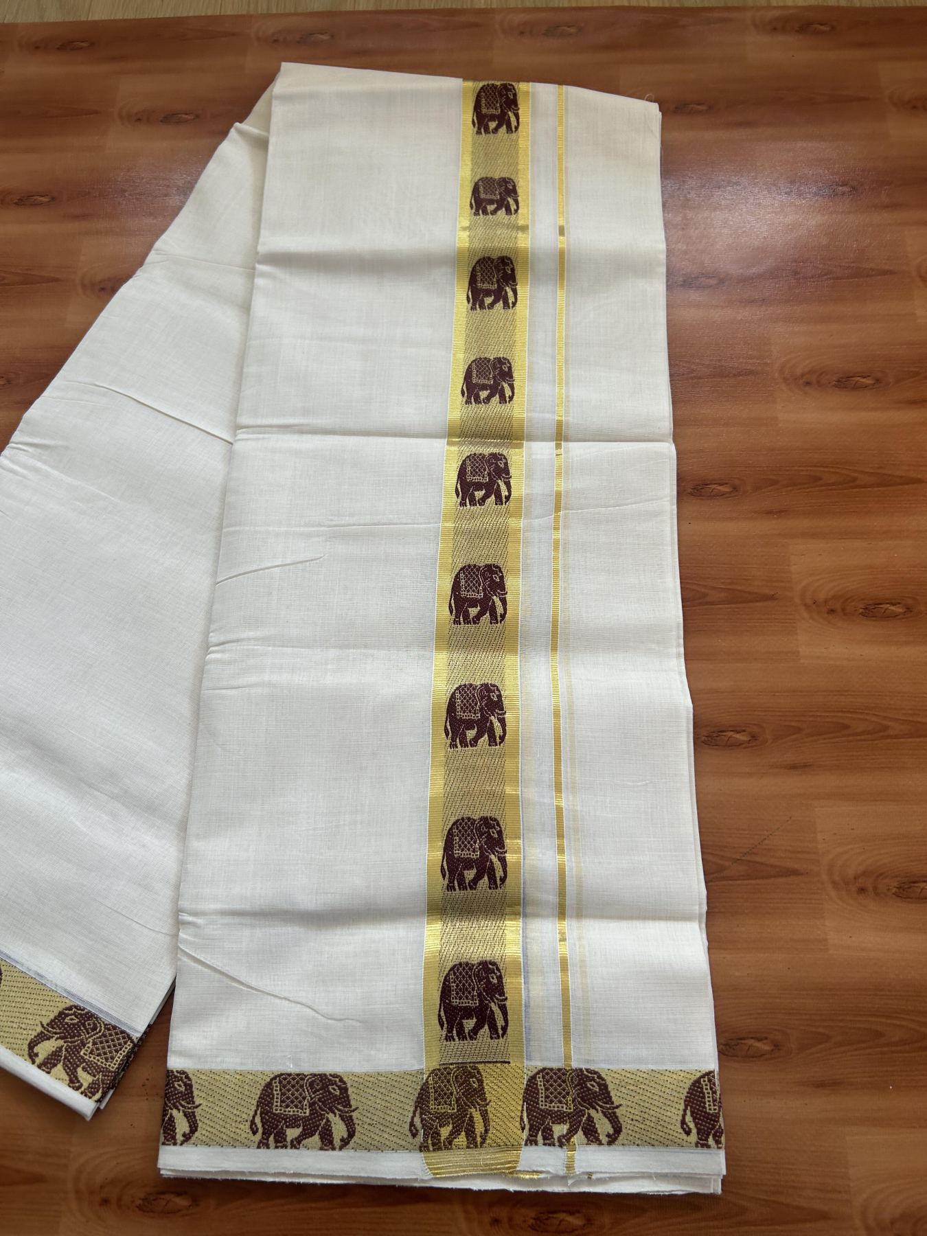25% Discount ! Kaitharikada Handloom Unakkupaav - Kerala Handloom - 100% Pure Cotton Off White - (Unbleached) Double Mund/Dhoti - 100x80 - 1.75 inch Gold Kasav Elephant Jacquard Design Kara 4 mtr (8.5 Muzham) - 39 KK5384 ABH